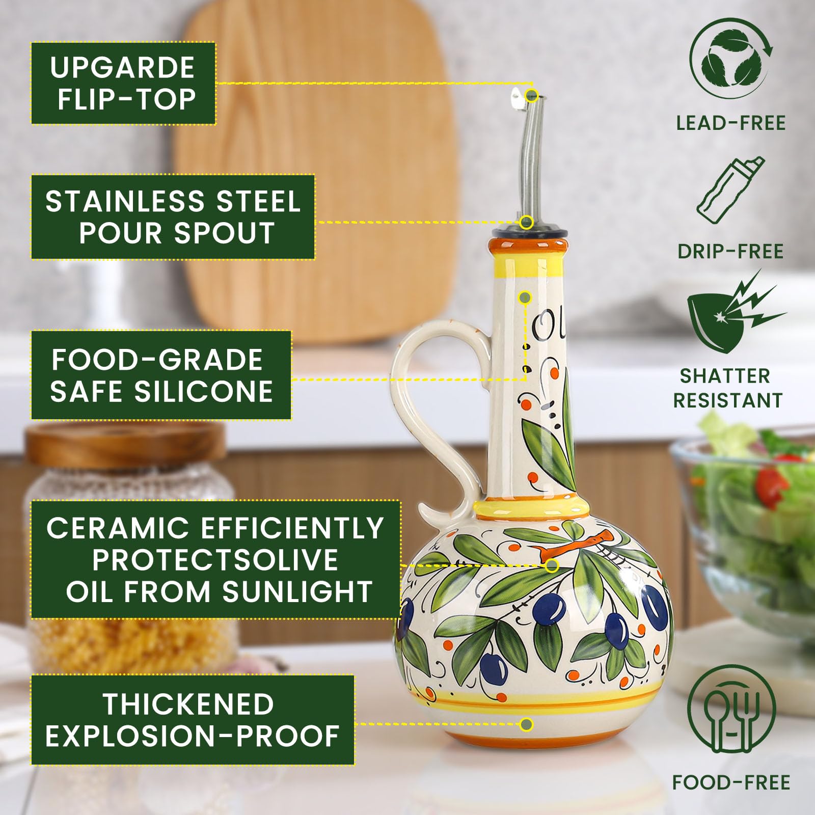 Botella dispensadora de aceite de oliva, dispensador de aceite de cerámica pintado a mano con acero inoxidable y tapa de sellado de silicona, gran capacidad de 400 ml, dispensador de botellas