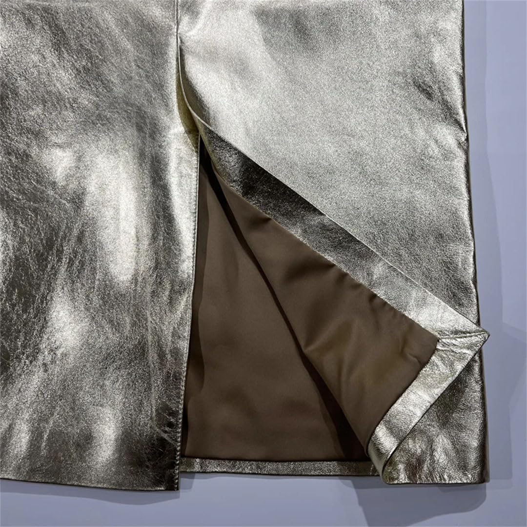 Damska skórzana spódnica metaliczna slim fit owijana przednia dzielona długa spódnica