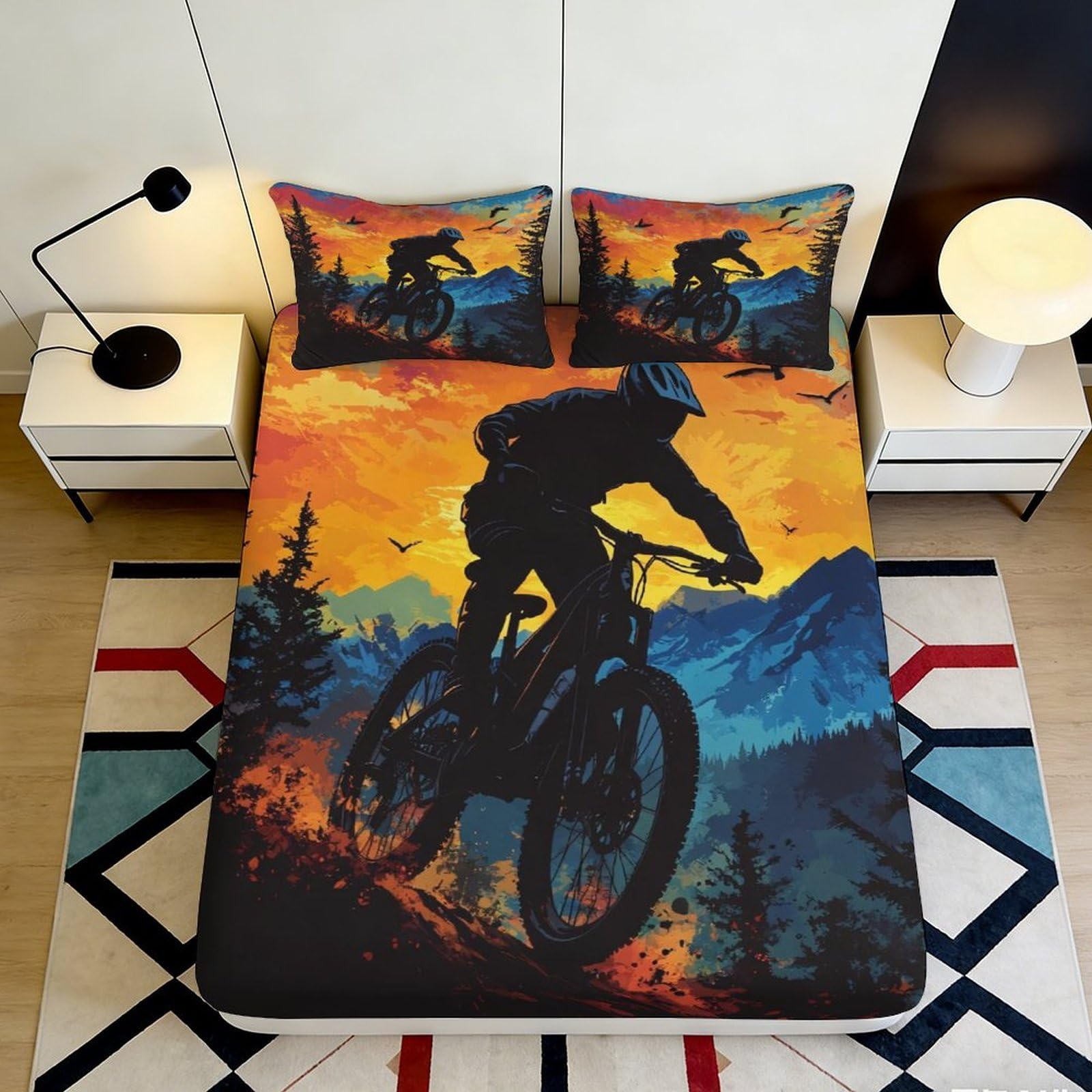 3D Printed Mountain Sunset Fitted Sheet Microfiber Silhouette Cycling Mattress Cover for Bedroom Dorm Decor 90x200x25cm