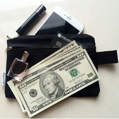 Miniatura 3 de bolsa de lona de 100% algodón, con cierre, bolsillo para maquillaje, celular, plumalapicera, 5 unidades, 16 onzas, Negro M