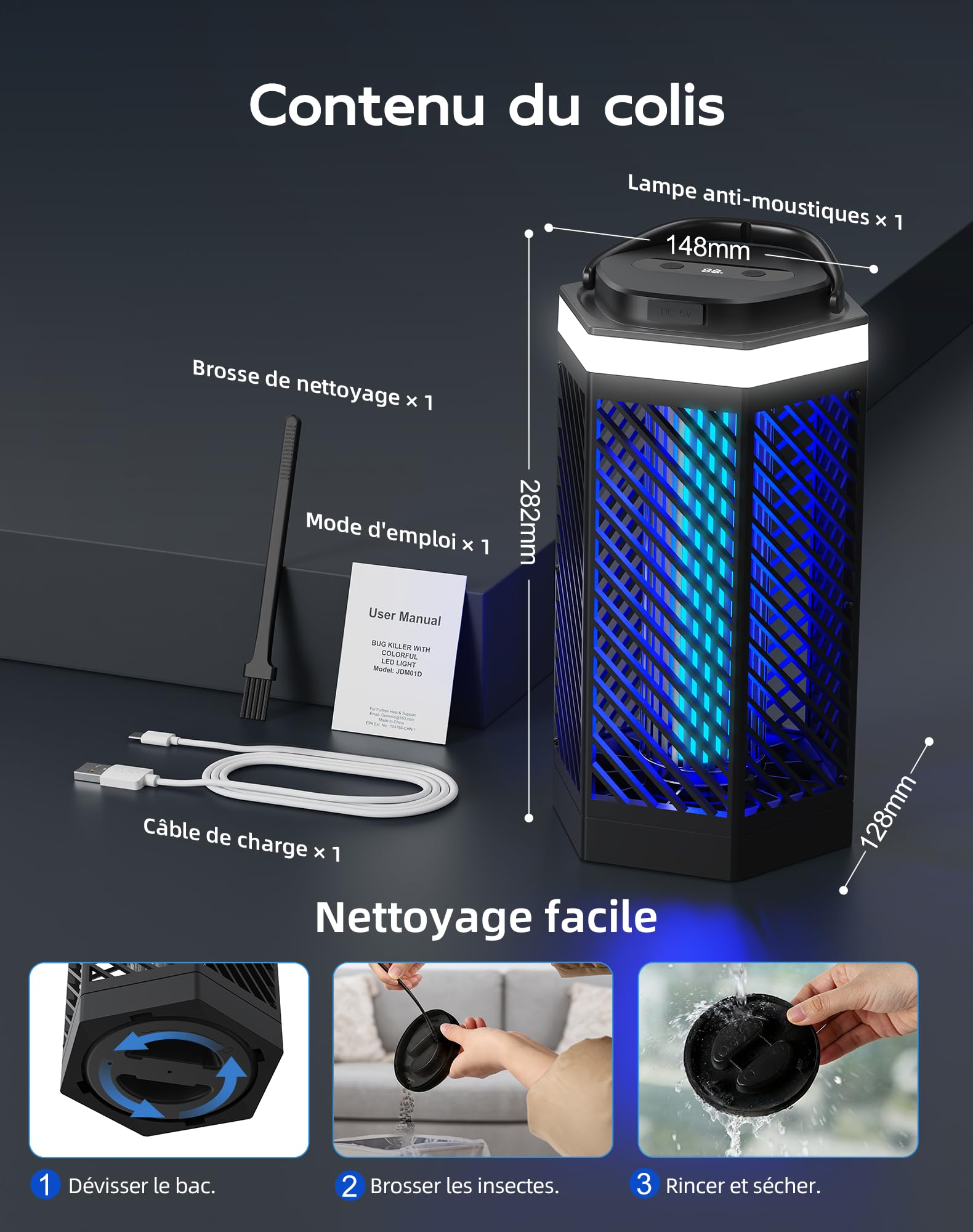 Lampe Anti-Moustique Rechargeable Tue Mouche Électrique LED 8000mAh IPX4 Destructeur d'Insectes