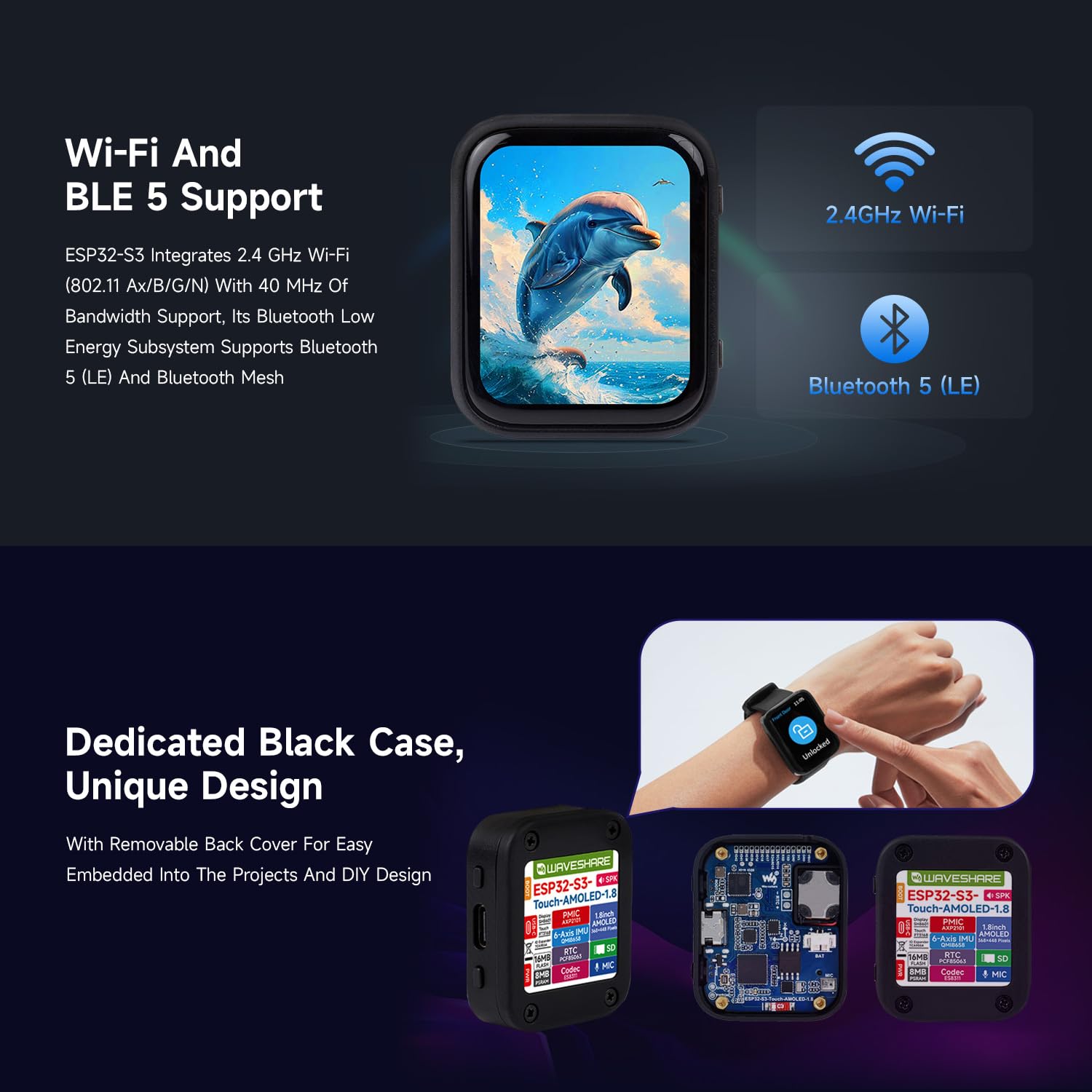 Waveshare ESP32-S3 1.8inch AMOLED Touch Display Development Board, 32-Bit LX7 Dual-Core Processor, 368x448, Accelerometer&Gyroscope Sensor, ESP32 With Display, Support 3.7V Li Battery(NOT Included)