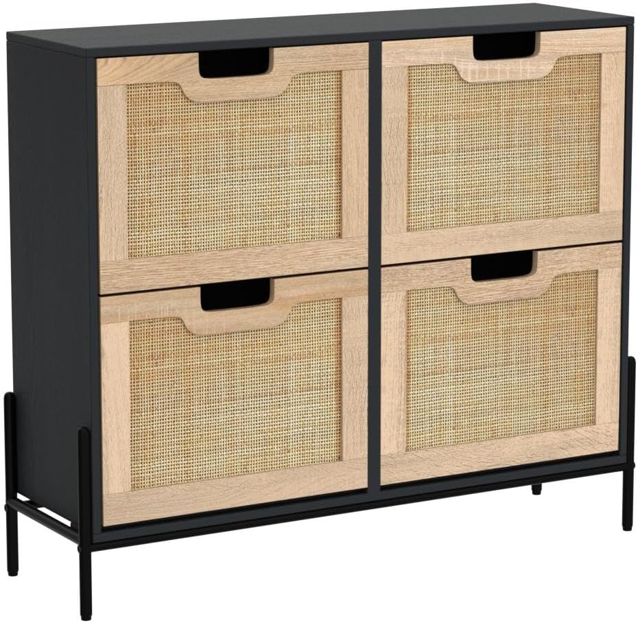 Amyove Natural Rattan 4 Flip Door Shoe Cabinet Organizer Freestanding Wooden Shoe Rack Storage Cabinet with 3-Tier Adjustable Shelves for Heels, Boots, Slippers, Free Standing Shoe Rack