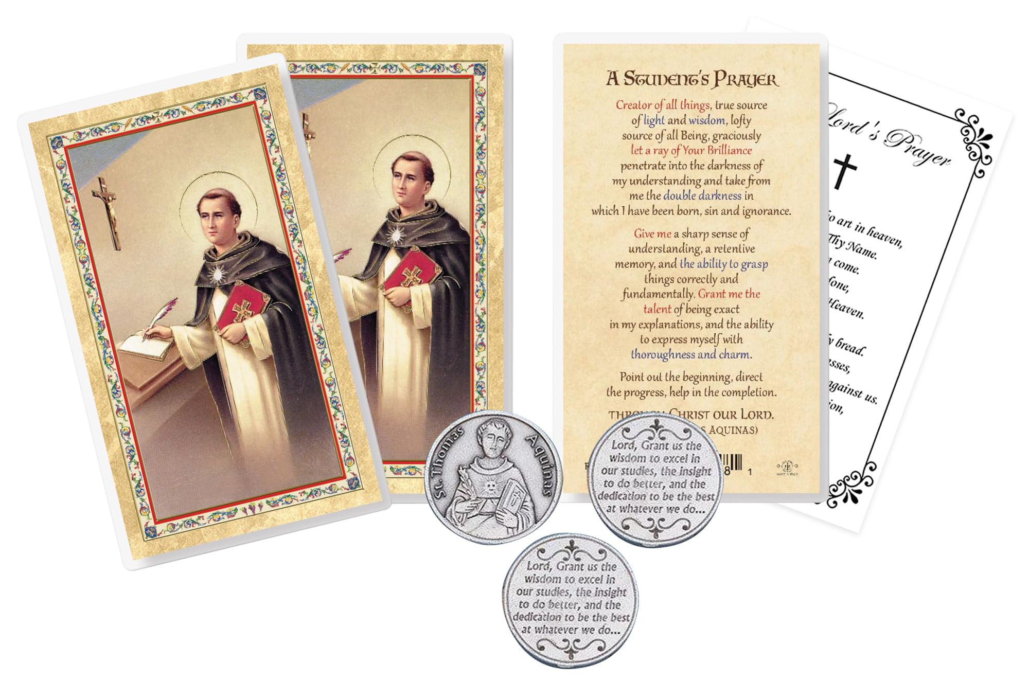 St Thomas Aquinas Prayer Card - St Thomas Aquinas Coin, The Lord's Prayer Card - Laminated St Thomas Aquinas Card - Saint Thomas Aquinas Prayer Card, Patron Saint of Students Themed Set - 7 Items