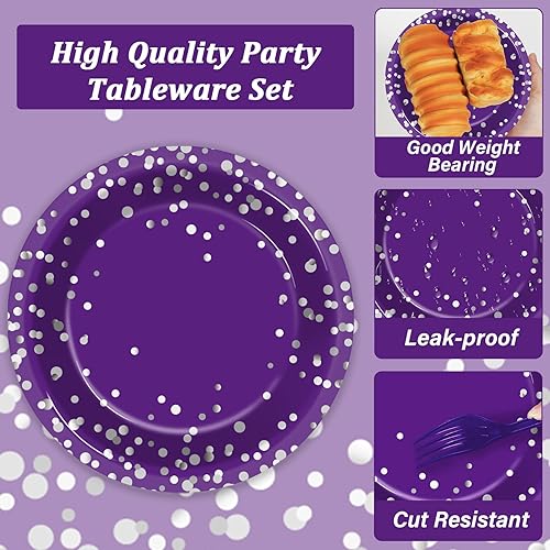 Miniatura 3 de Juego de 96 platos y servilletas de fiesta morados y plateados, suministros de fiesta, lunares plateados en morado, juego de vajilla de cumpleaños