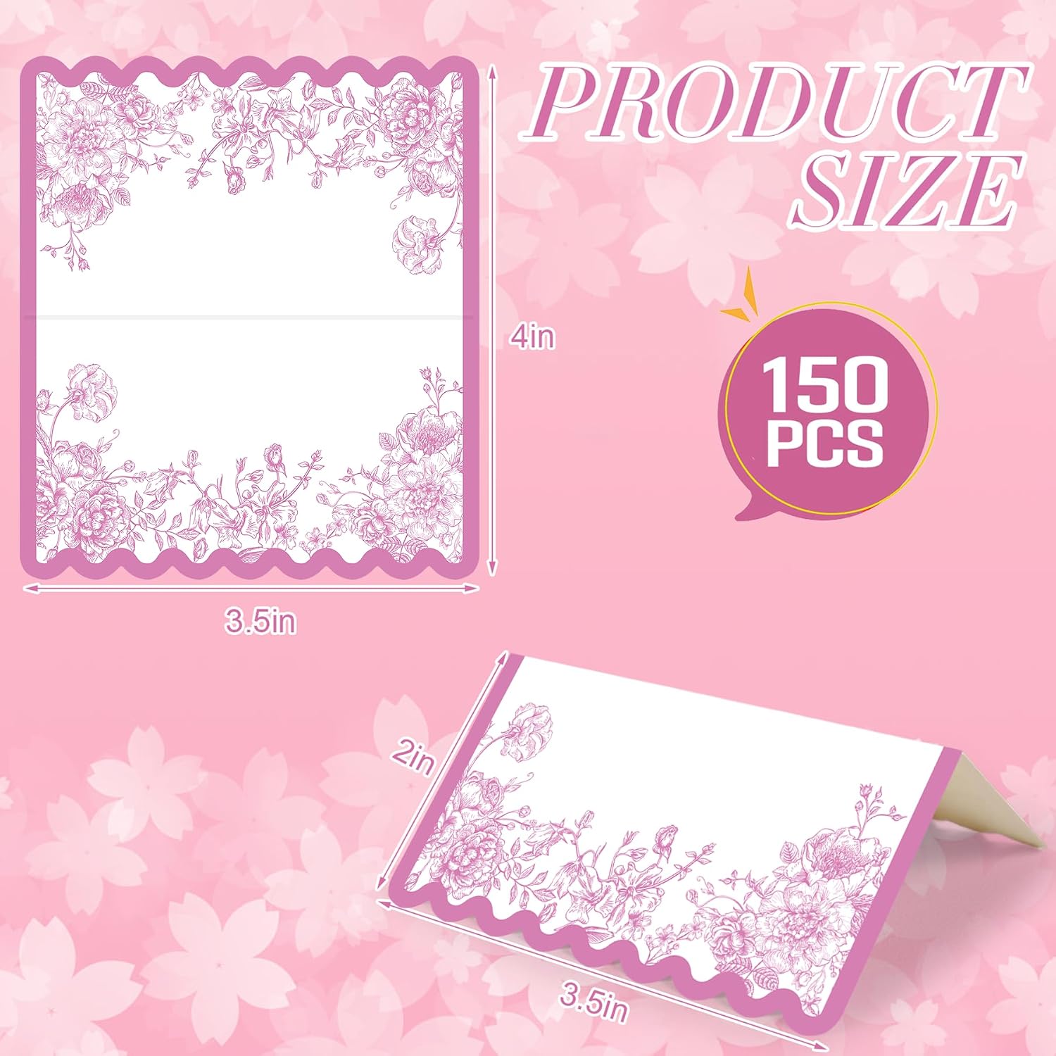 150 Pcs Wedding Name Place Cards for Table Setting 2 x 3.5 Inch Pink Chinoiserie Floral Seating Name Cards Folded Tent Card Seating Chart for Wedding Reception Display Bridal Baby Shower Party Favors image 2