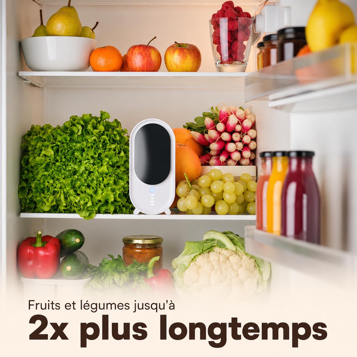 Purificateur d'air pour Réfrigérateur, Prolonge la Fraîcheur des fruits et légumes, Neutralise les Odeurs, Filtre Lavable, Rechargeable USB-C