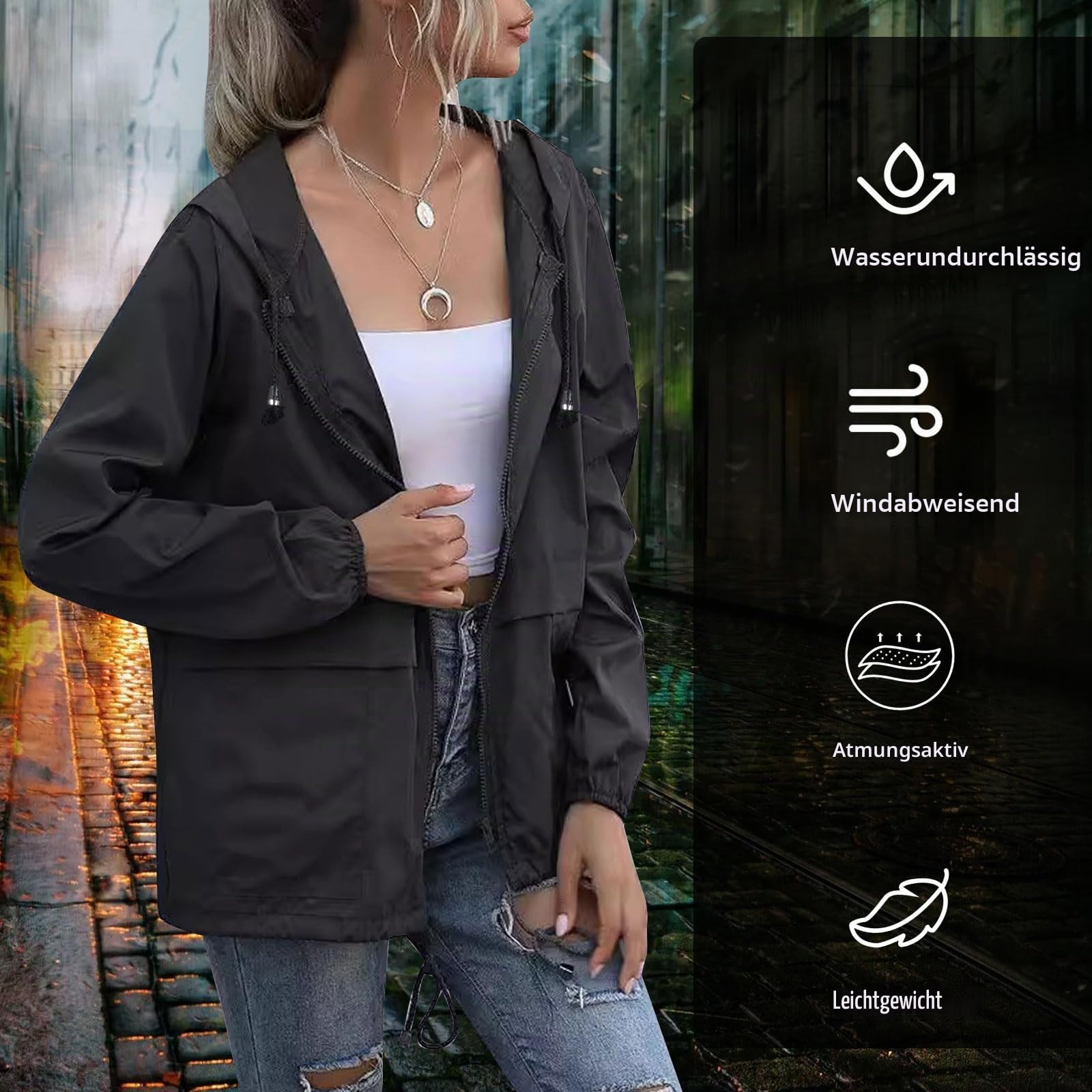 Leichte wasserdichte Damenjacke, verstaubarer Regenmantel, Regenjacke mit Kapuze für Outdoor-Wandern, Laufen, Radfahren