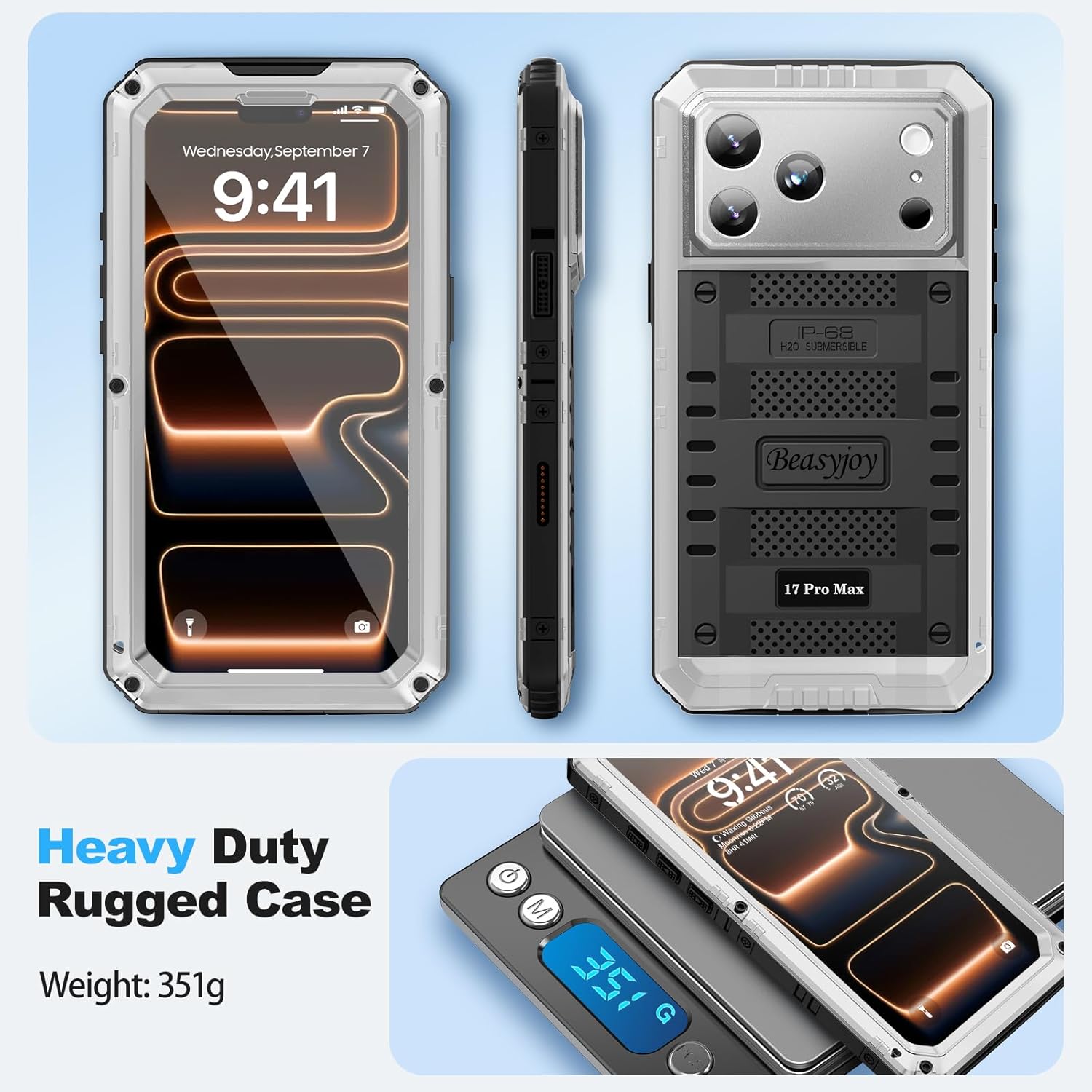 Beasyjoy for iPhone 17 Pro Max Case Waterproof, Heavy Duty Metal Case with Built-in Screen Protector, Full Body Rugged Military Grade Shockproof Dustproof Cover for Construction Outdoor 6.9", Silver