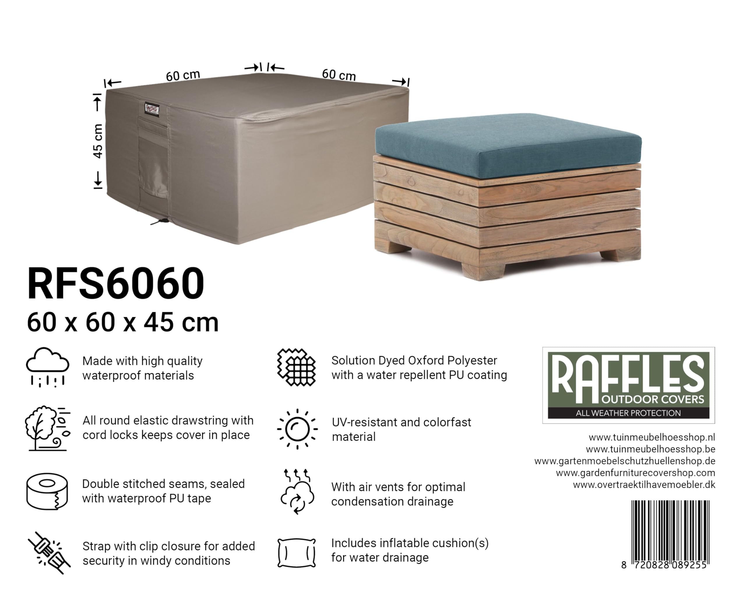 Wetterschutz für Lounge Hocker 60 x 60 H: 45 cm | Atmungsaktiv | Wasserdicht | UV - beständig | Doppelt genähte, PU-versiegelte Naht | Elastischer Kordelzug |