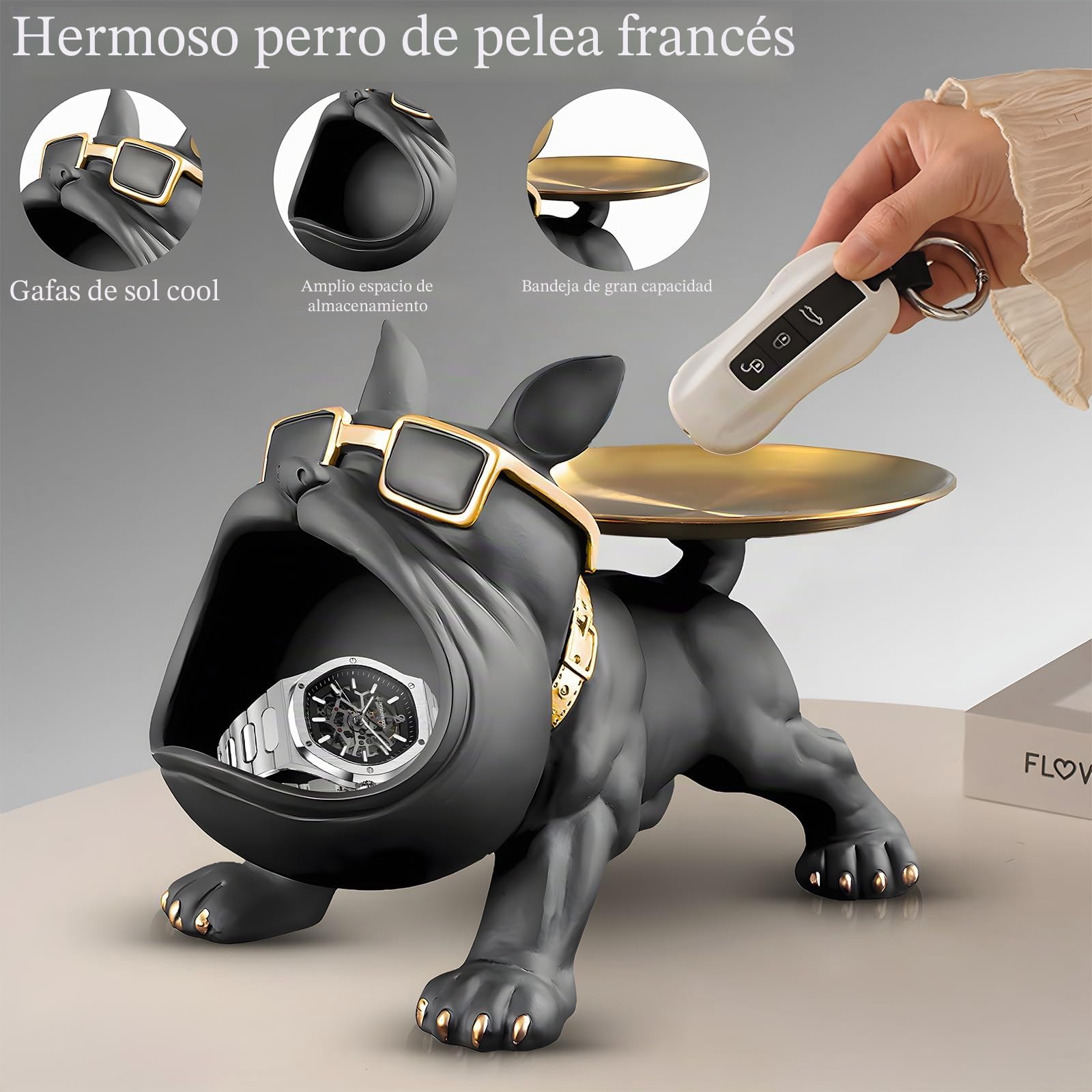 Huhote Estatua de bandeja de bulldog francés de resina, plato de caramelos de bulldog para llaves, escultura de almacenamiento para escritorio de oficina, decoración del hogar, figuras de decoración