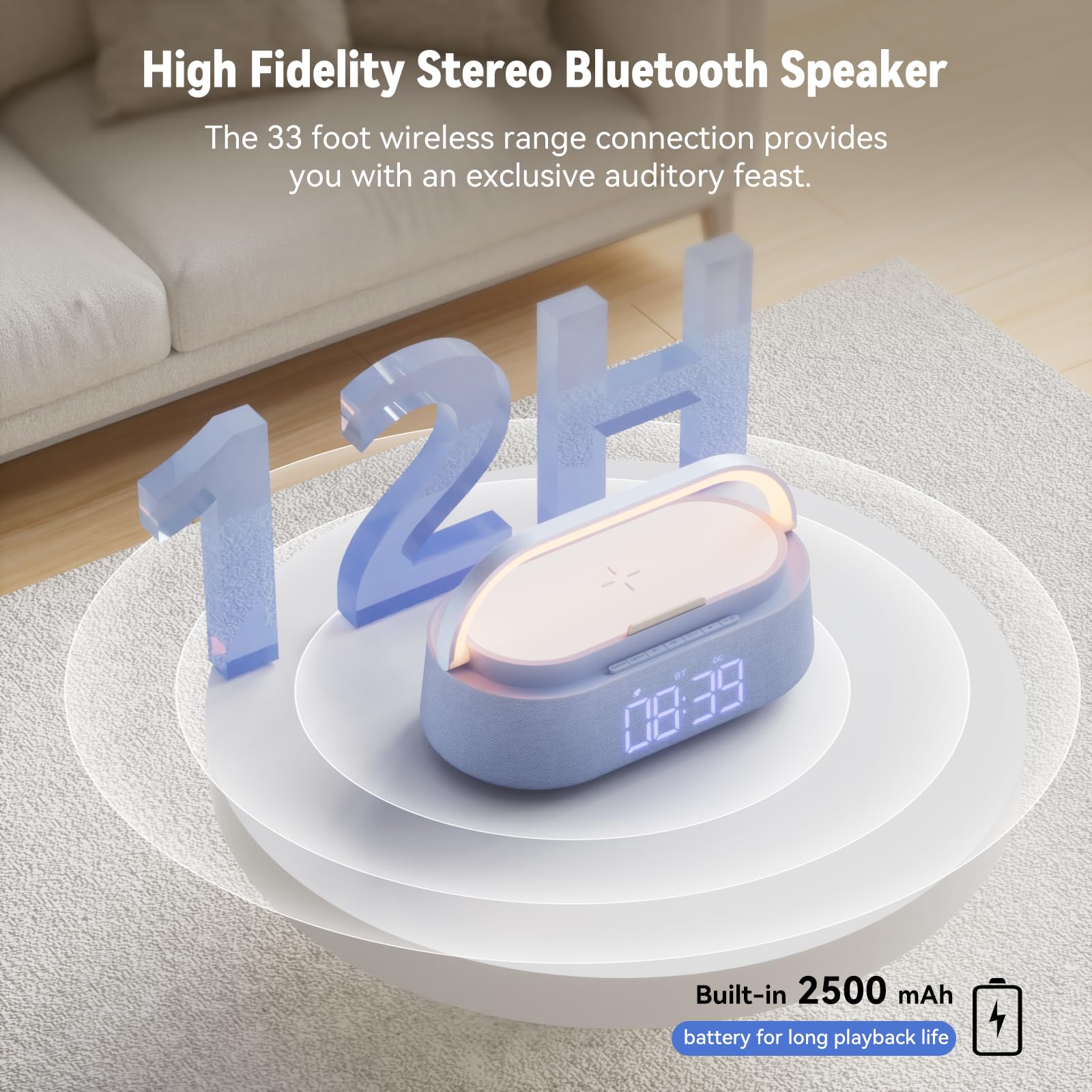 FREEFISH Altavoz Bluetooth con cargador inalámbrico, radio FM, luz nocturna LED ajustable, carga inalámbrica de 15 W para iPhone, altavoces duales de 10 W, batería de 2500 mAh, Bluetooth 5.0