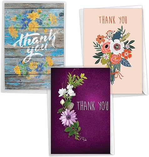 NobleWorks Paquete surtido de 3 tarjetas de felicitación de agradecimiento con sobres (3 diseños, 1 cada uno) Pretty Grateful VC8127TYG-C1x3