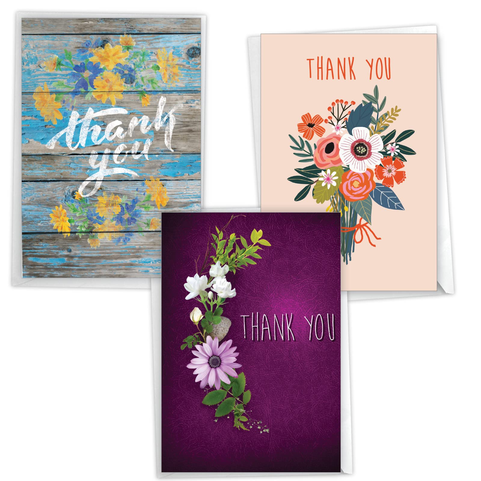 NobleWorks Assortment Pack of 3 Thank You Greeting Cards with Envelopes (3 Designs, 1 Each) Pretty Grateful VC8127TYG-C1x3