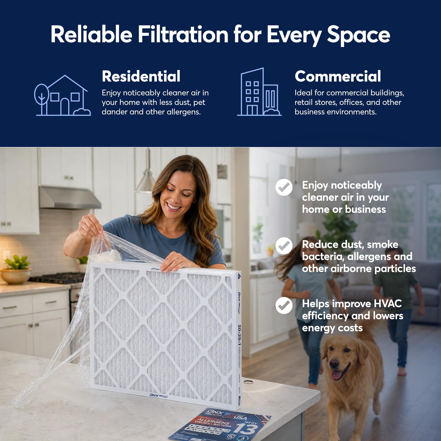 BNX Filtro de aire MERV 13 HVAC AC para horno, alérgenos para mascotas, paquete de 6 unidades | Filtro de aire cargado electrostático, fabricado en Estados Unidos