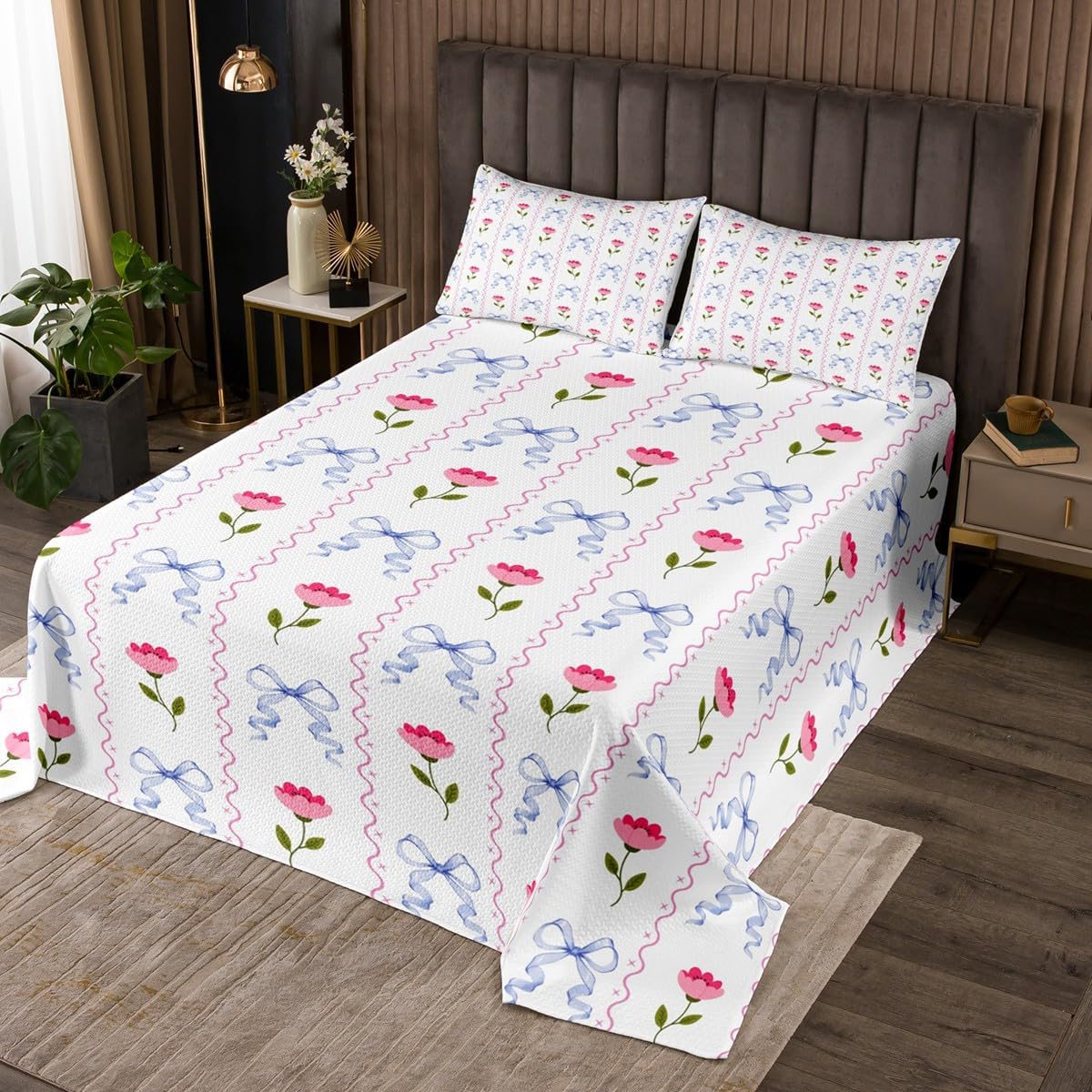 jejeloiu Bow Bedspread Quilts Rose Coverlet Set King Size for Kids Boys Girls Colourful Bowknot Quilted Coverlet for All Season with 2 Pillowcases Rose Floral Flower Microfiber