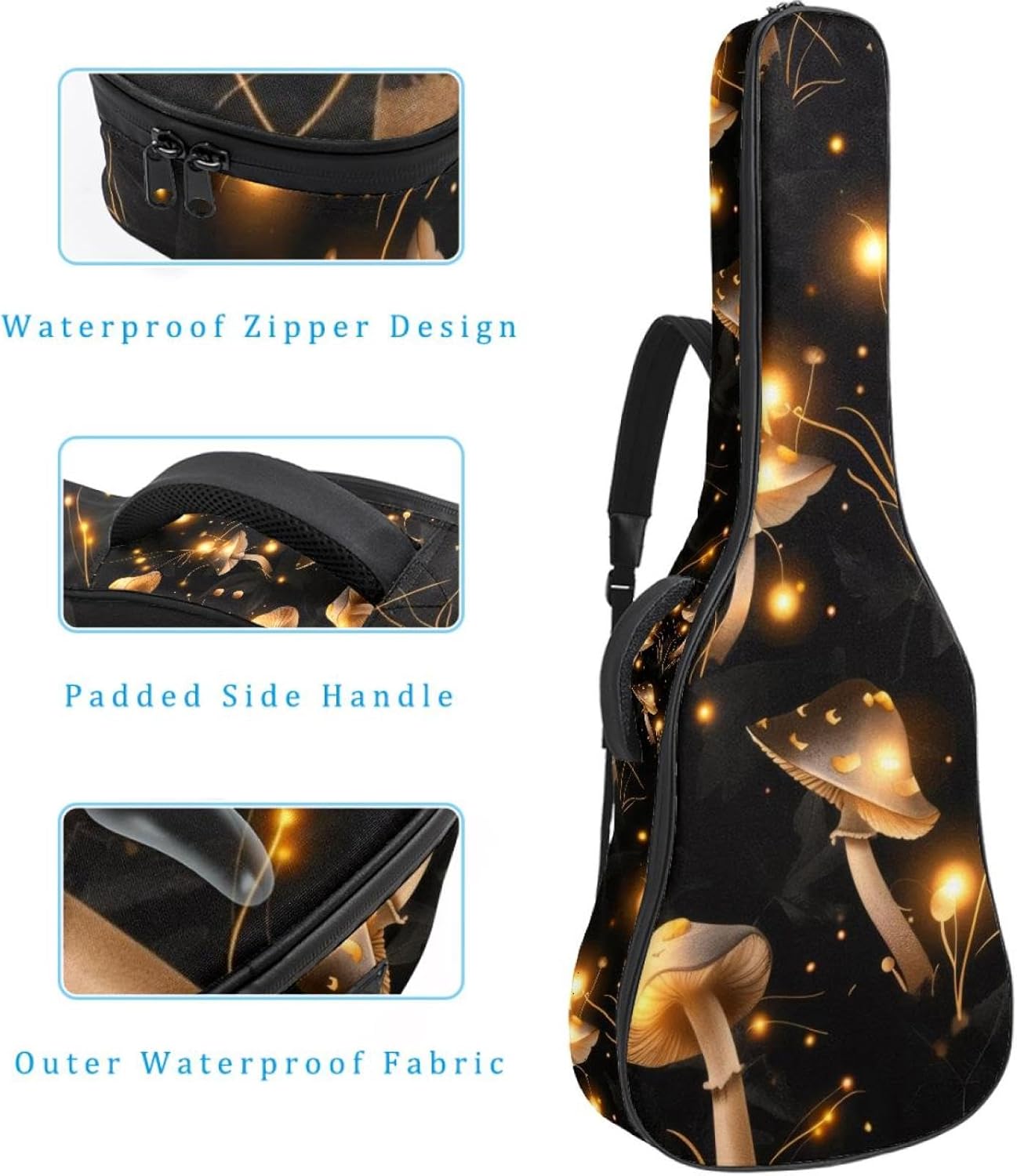 Acoustic Guitar Bag 0.4 Inch Thick Padding Waterproof Guitar Case Gig Bag for 40 41 42 Inch Electric Bass Classical Guitar, Cute Mushrooms Forest Seamless Pattern