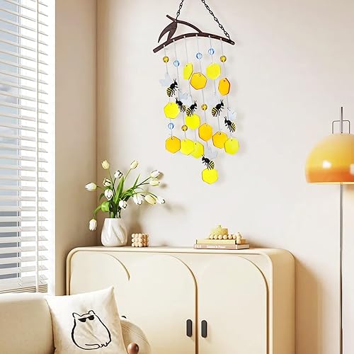 Miniatura 5 de Campanillas de viento de abejas para exteriores, campanillas de viento únicas de vidrieras de abejas para decoración de patio al aire libre, es un