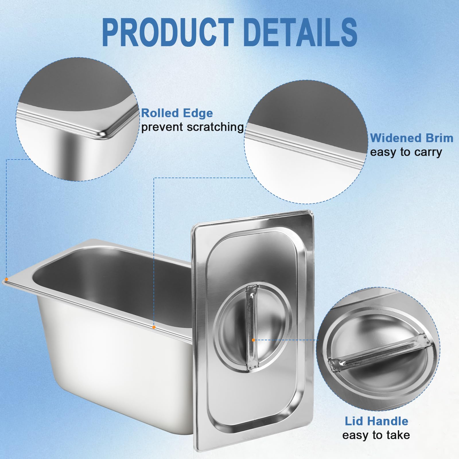6 Stück GN 1/4 Behälter mit Deckel, Gastronormbehälter Edelstahl mit Deckel, 27 x 16 x 15cm, Stapelbare Hotelpfannen für Buffet, Zutatenstation, Panierstation Meal Prep Warmhaltebehälter