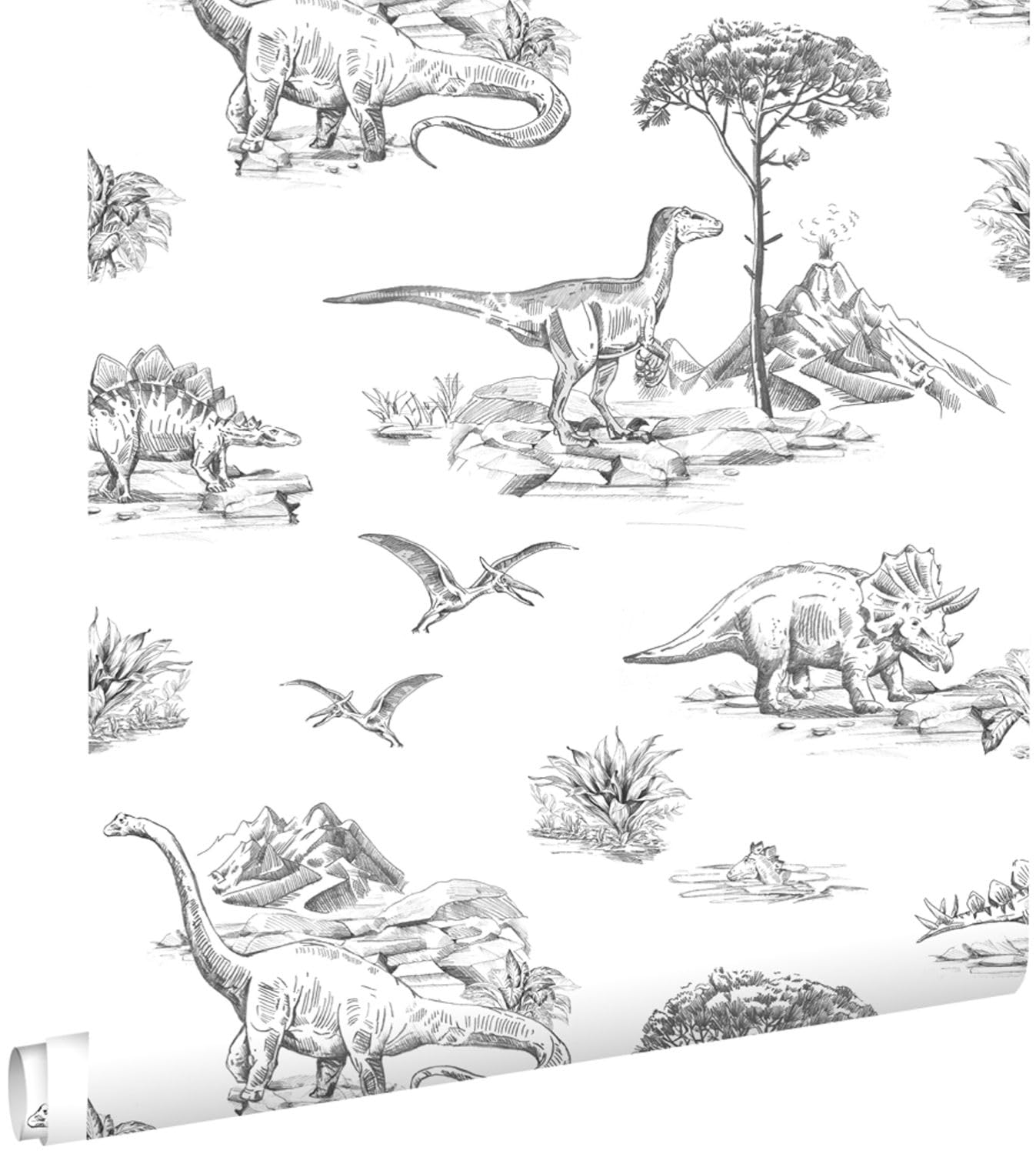 Papier peint dinosaures noir et blanc créez un univers d'aventure scandinave