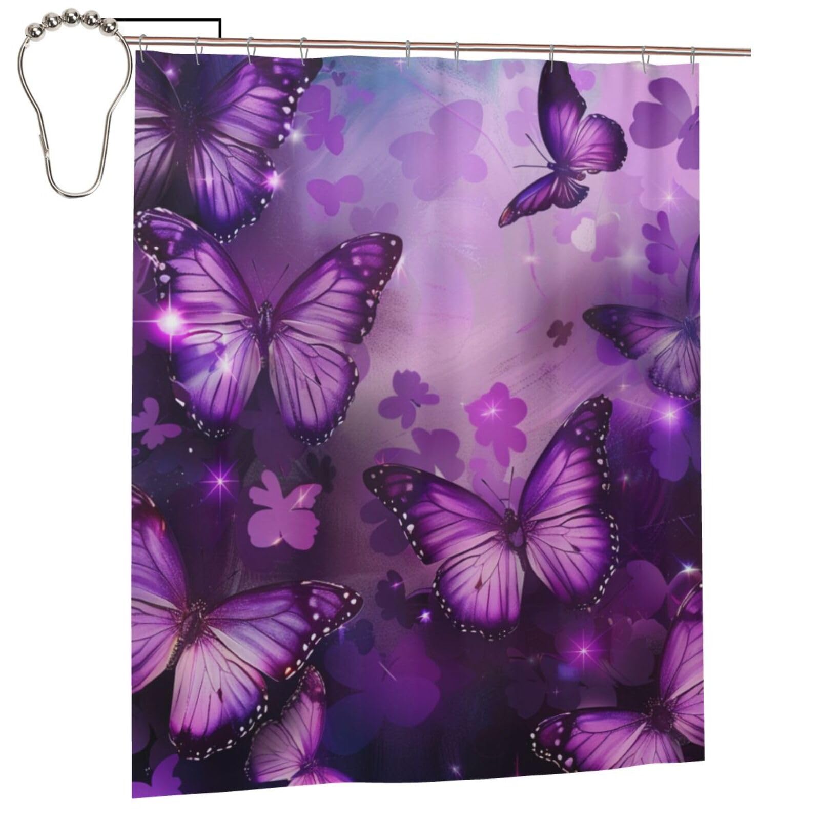 BWWHCCTI Butterflies print Printed Shower Curtain With 12 Iron Hooks Opaque Quick Drying Waterproof Shower Curtains Sets For Bathroom 152x183 Cm