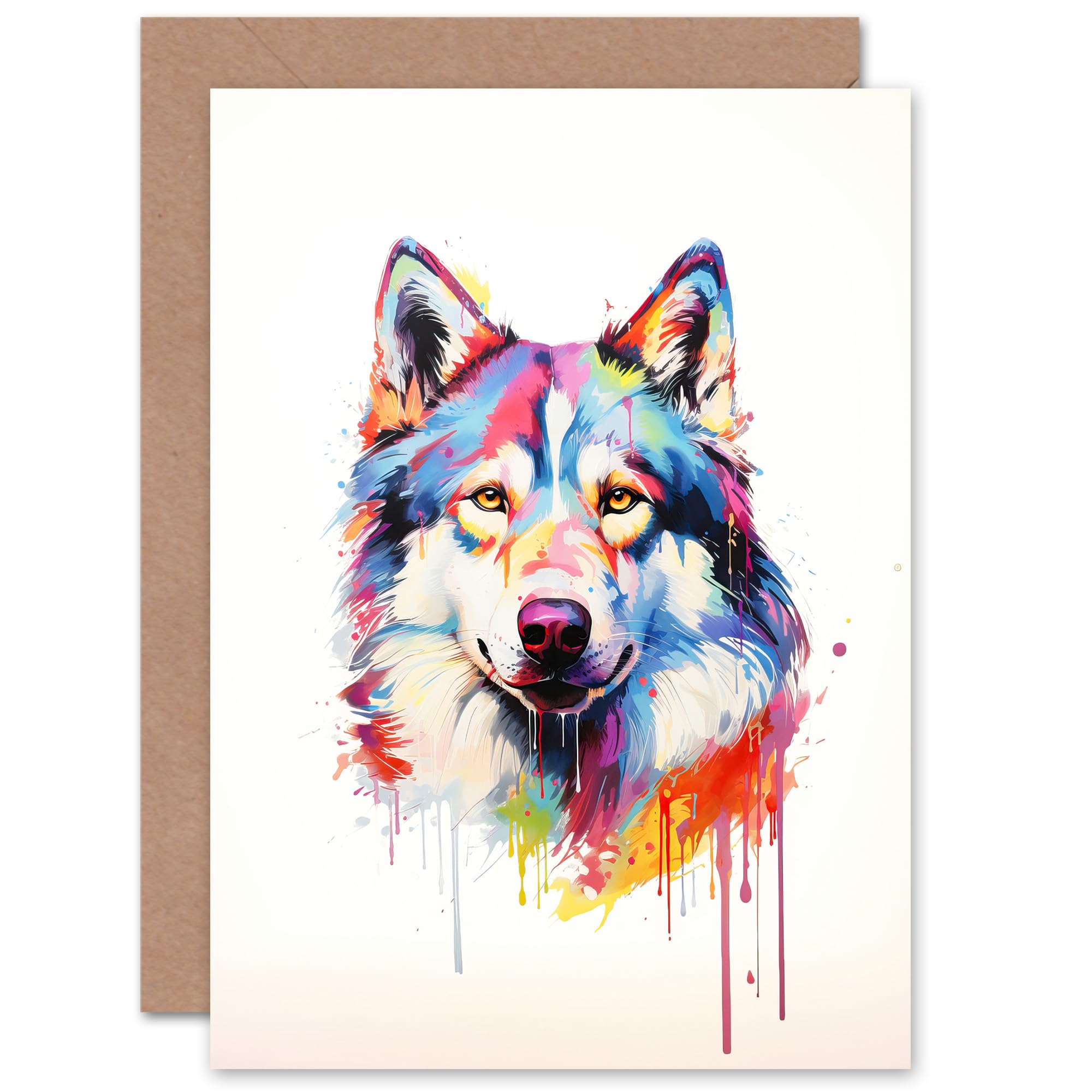 Husky Dog Lover Gift Pet Portrait Rainbow Colours Painting Blank Greeting Card