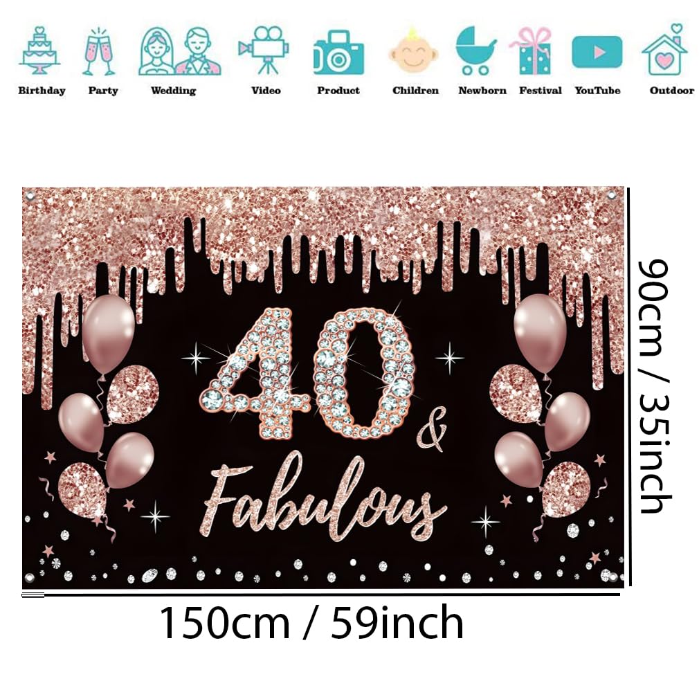 Bannière Joyeux 40 Ans Rose Pailleté – Décoration Anniversaire Femme 150x90 Cm Vinyle Étincelant & Élégant