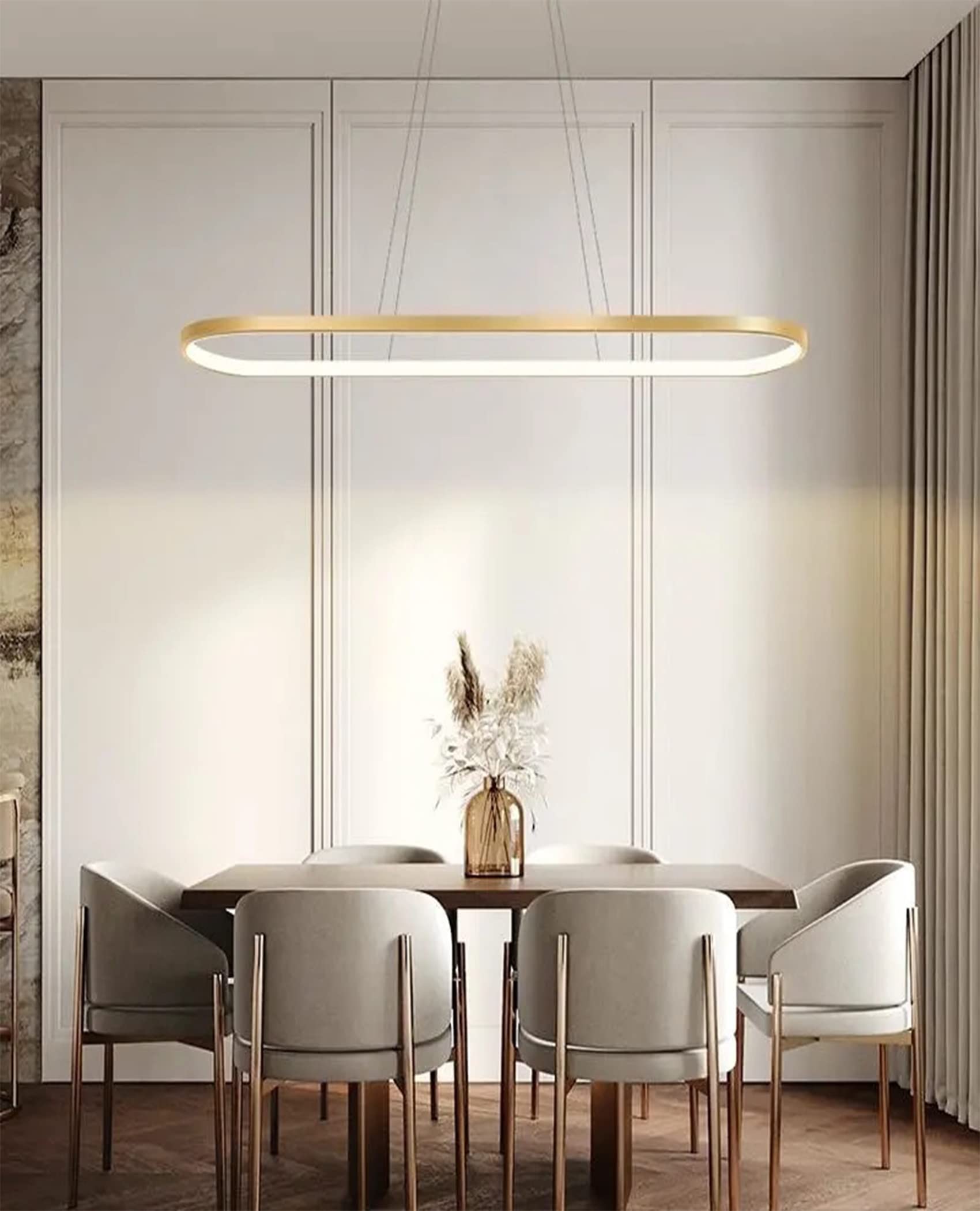 Lampada a sospensione da tavolo da pranzo, ovale, a LED, dimmerabile, con telecomando, da tavolo da pranzo, per cucina, ufficio, lampada a sospensione 90/120CM (Oro, 90CM/35.4″)
