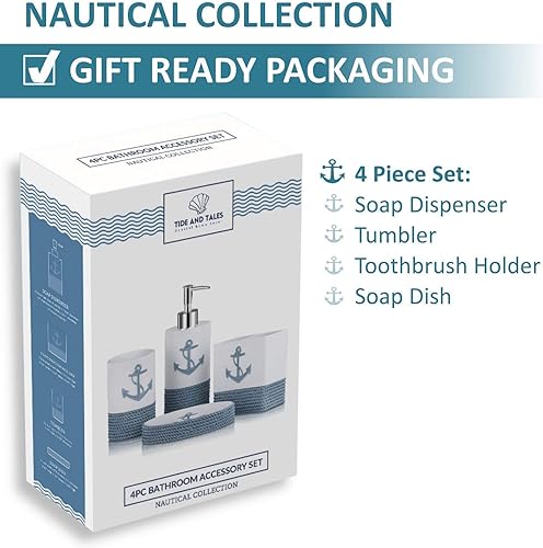 Miniatura 9 de TideAndTales - Juego de 4 accesorios de baño náuticos para decoración de pared (juego de 3), faro y rueda de barco, cuerda y ancla con tema