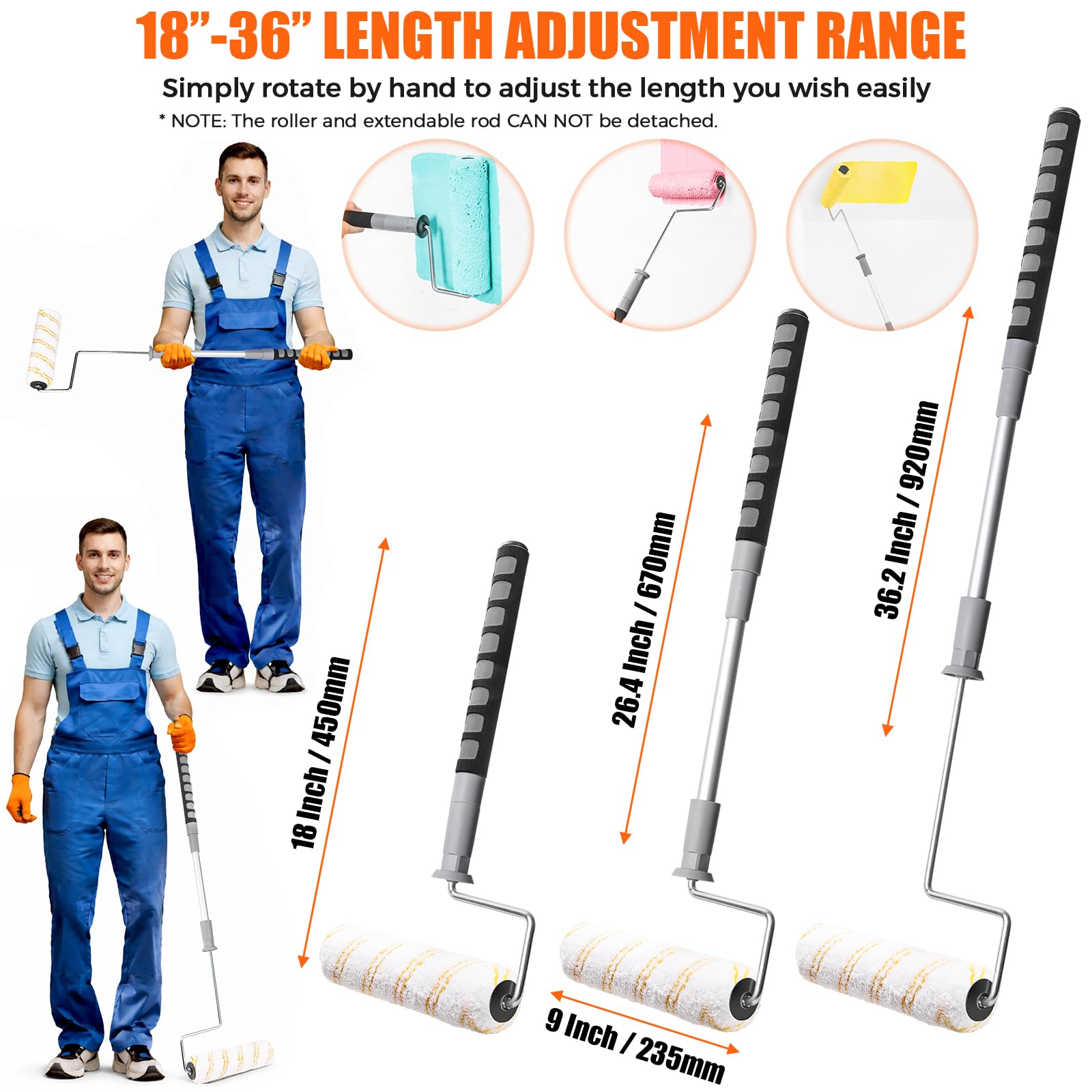PinStone - Juego de 6 rodillos de pintura para casa, marco de rodillo extensible de 9 pulgadas con 5 fundas de repuesto de microfibra, rodillo de pintura ajustable (18 a 36 pulgadas), suministros de