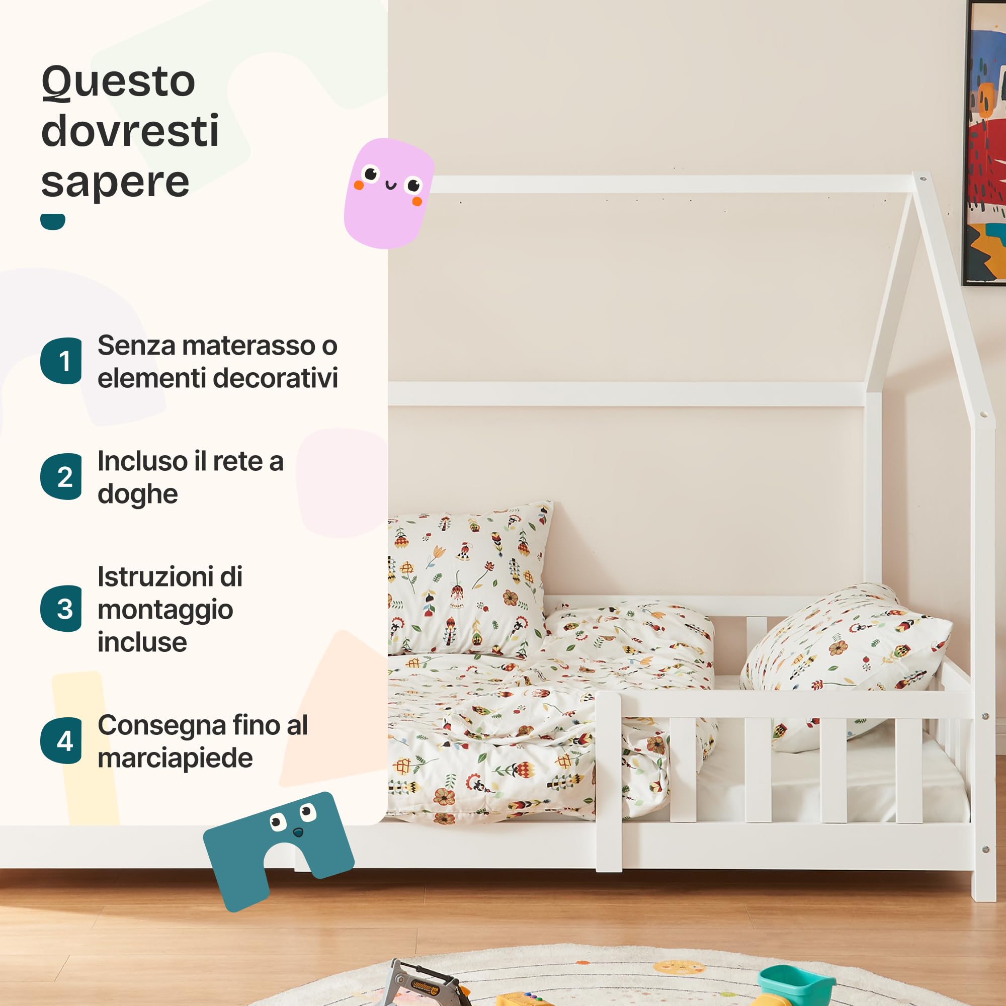 [en.casa] Letto Casetta per Cameretta Letto Piazza e Mezza per Bambini con Barriere di Protezione Struttura in Legno di Pino con Zona di Riposo 120x200 cm Bianco