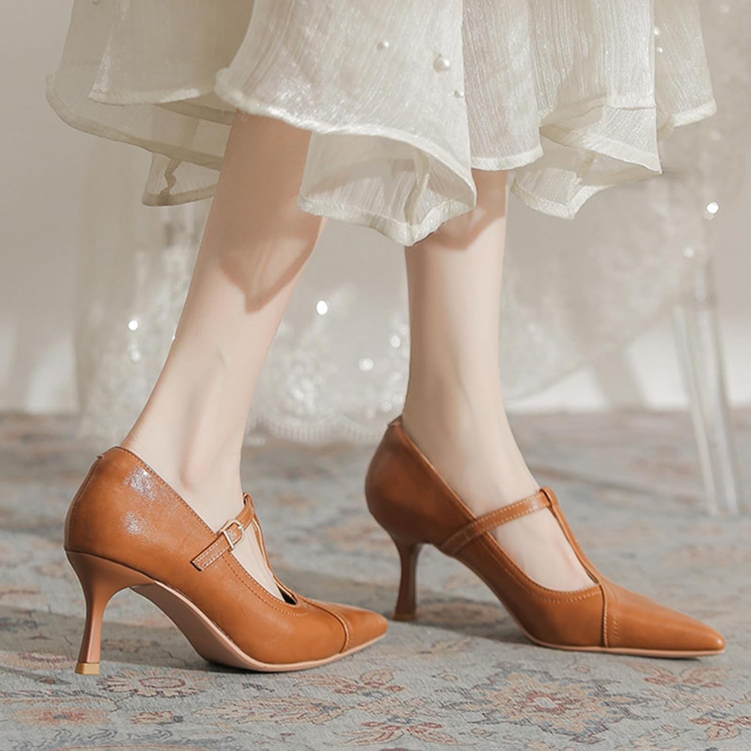 Women's Formal Leather Kitten Heel Pumps Elegant Pointed Toe Adjustable Ankle Strap T-Strap Stiletto Work Shoes for Weddings Dances Work