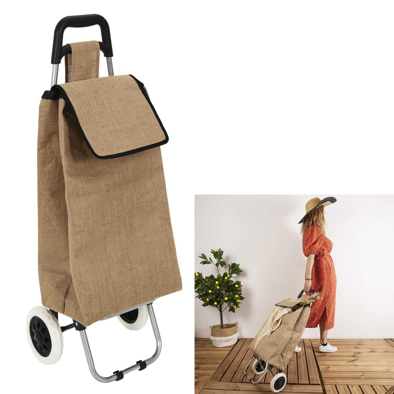 SH0012, Carrello della spesa 2 Ruote in juta, robusto e duraturo, ottimizza lo spazio di stoccaggio, tasca integrata, altezza ergonomica di 95 cm, mobilità su diverse superfici