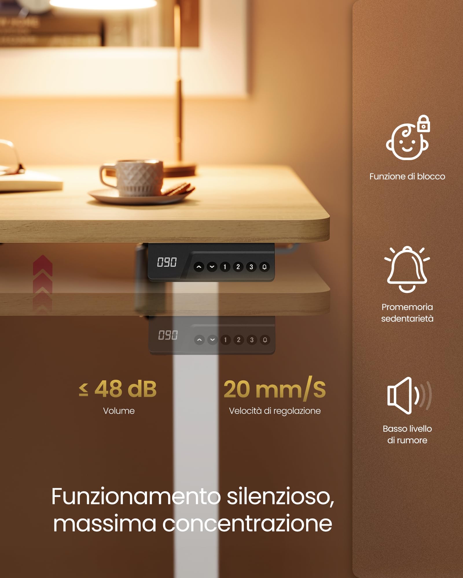 VASAGLE Scrivania Regolabile in Altezza Elettrica, Scrivania per Computer, Promemoria per Sedentarietà, Funzione Memoria con 4 Altezze, per Ufficio, 120 x 60 cm, Rovere Dorato LSD312YA03