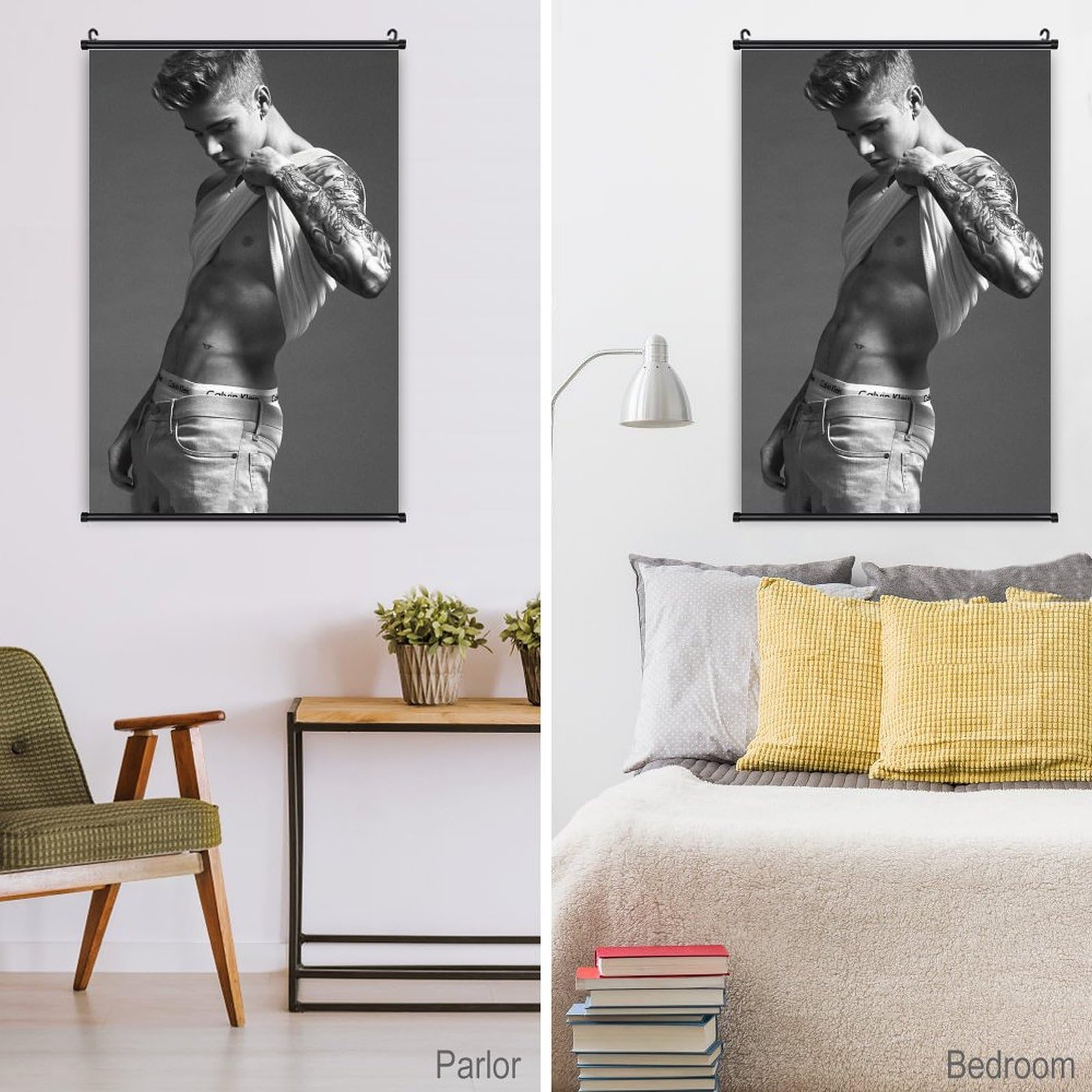 Amazon.co.jp: ジャスティン・ビーバーセクシー筋肉ポスター固体フレームが付いている装飾的な絵画キャンバスの壁の絵画ポスターの家の寝室の装飾の黒の軸線  16x24inch(40x60cm)