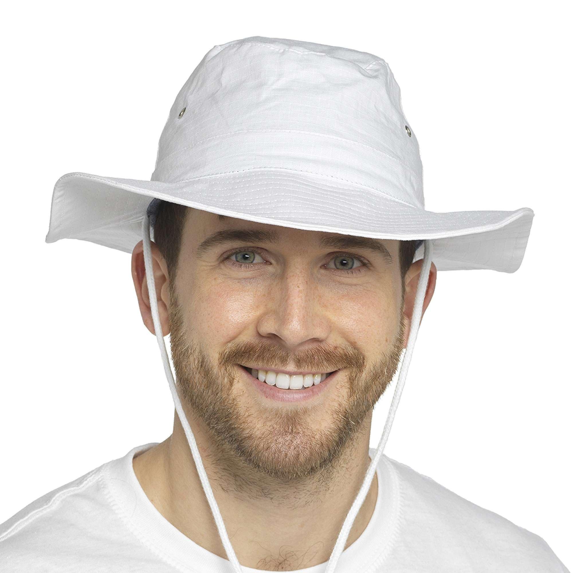 Thingimijigs Men's White Cotton Wide Brimmed Safari Bush Hat Sun Hat - M/L