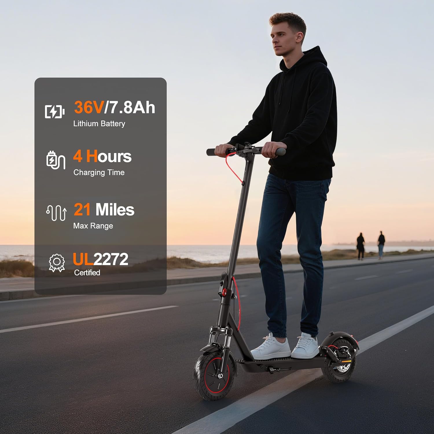 A person riding the Mankeel MK083 Electric Scooter, with an overlay showing battery specifications: 36V/7.8Ah Lithium Battery, 4 Hours Charging Time, 21 Miles Max Range, and UL2272 Certified.