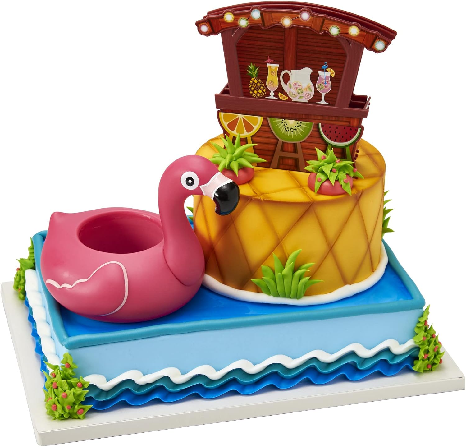 DecoPac Tropical Party Cake Topper, 2-Piece Pool Party Cake Decoration Set, Includes Pink Flamingo Can Cooler and Tiki-Hut, Food Safe