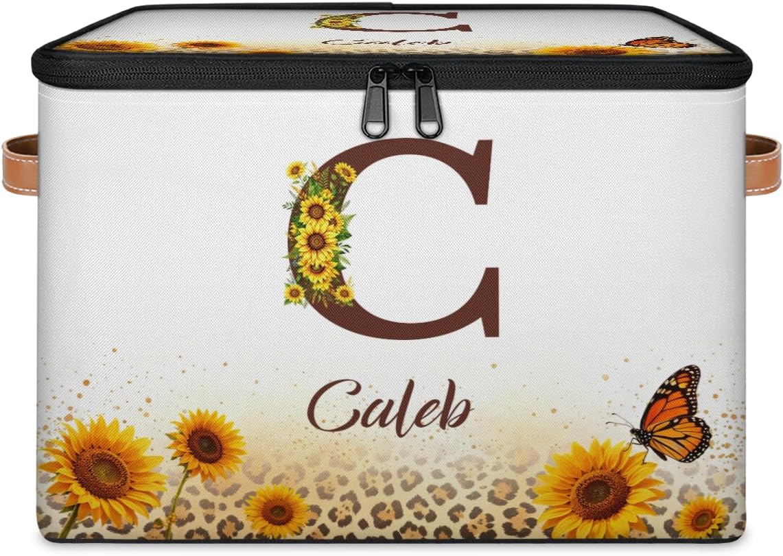 Personalized Storage Boxes with Lid, Customized Monogrammed Fabric Storage Cube Organizer Bin Keepsakes Memory Box with Name, Customized Birthday Gifts For Women, Mom (Sunflower - C)