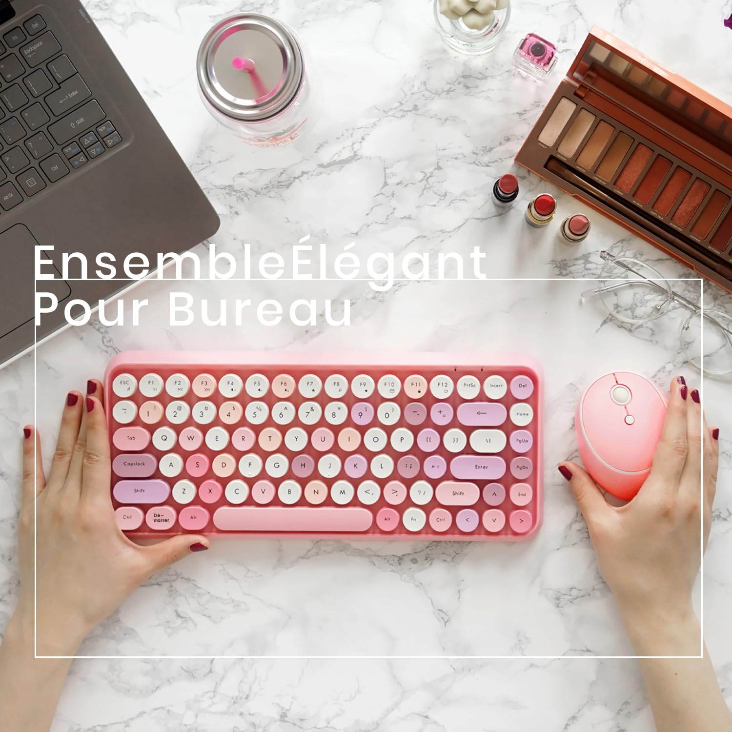 Perixx PERIDUO-713 Ensemble Mini Clavier et Souris sans Fil,USB, 2.4 GHz, Touches de Style Rétro Arrondies, Rose Pastel, AZERTY