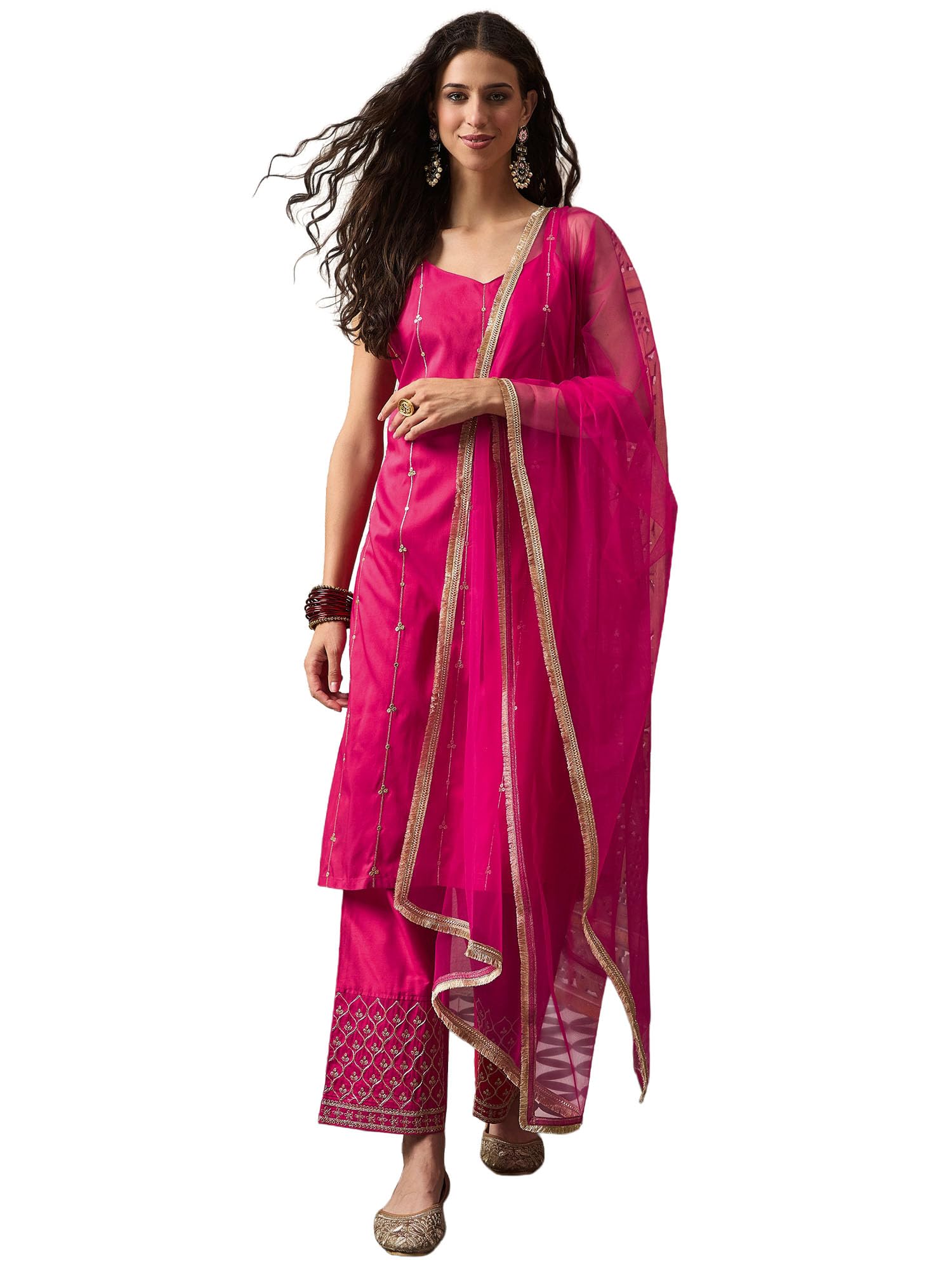 Women's Silk Blend Strip Kurta Set with Embroidered Pants & Net Dupatta Sleeveless Festive Salwar Suit Set for Women (ES_2553)-image-9