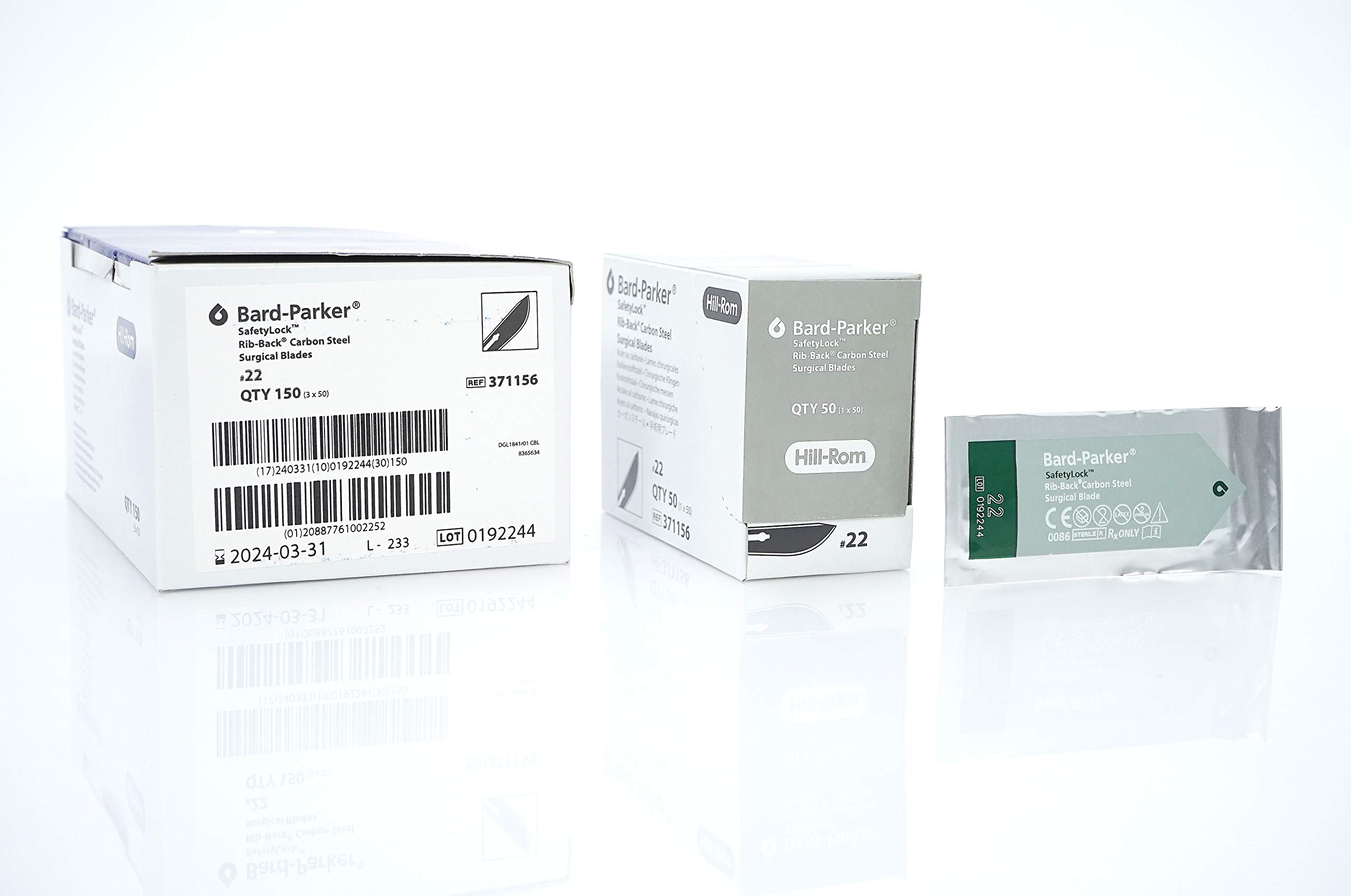 Bard-Parker SafetyLock Surgical Blades, Rib Back, Carbon Steel, 22, Sterile, 371156 (Case of 150)