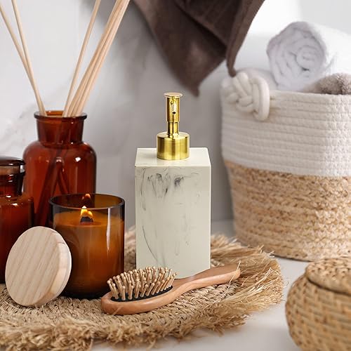Miniatura 6 de Yew Design Dispensador de jabón con patrón de mármol para baño con bomba de metal (dorado) dispensador de jabón de manos