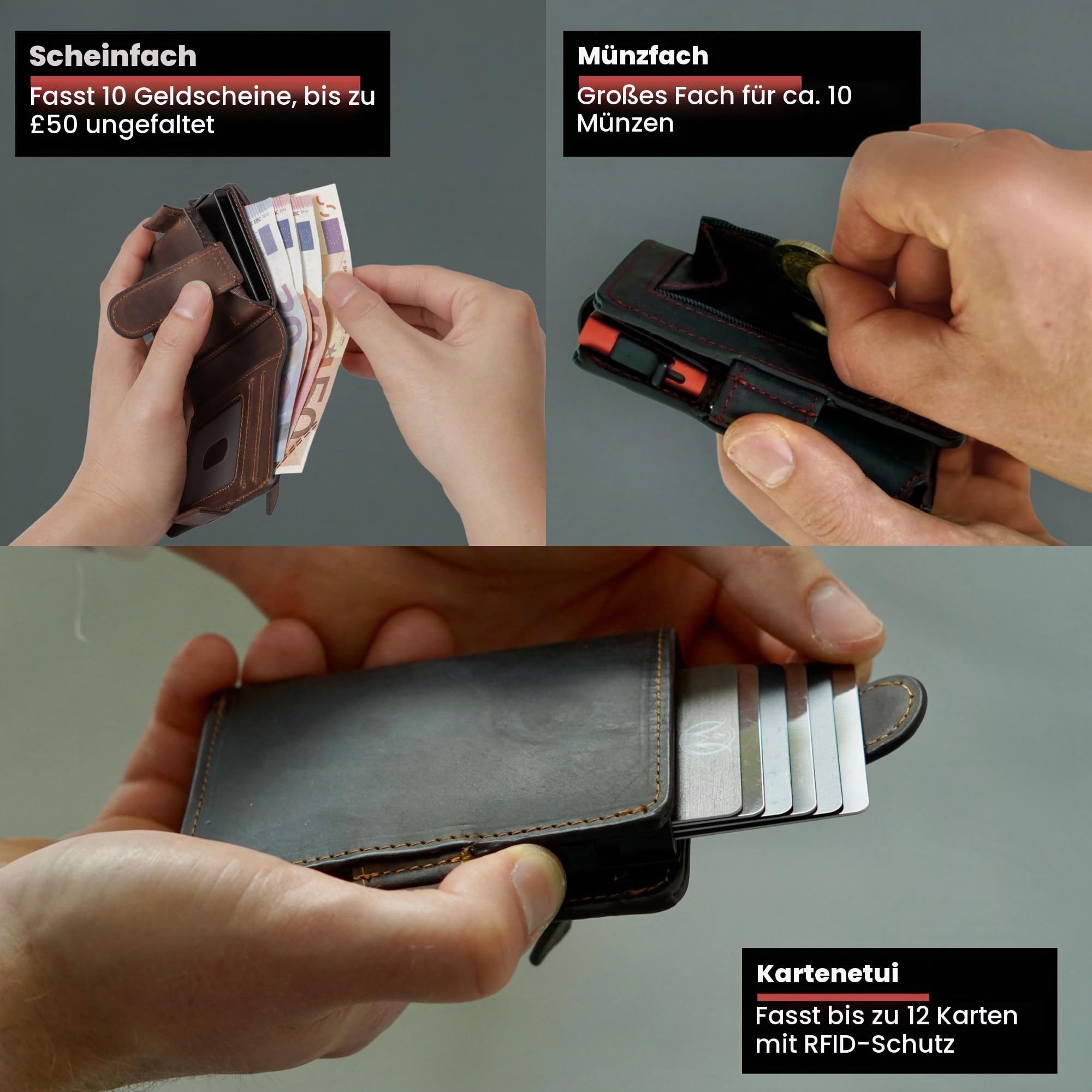 WillFire® MagFlap | Geldbörse Herren | Extra Schlüsselanhänger | Leder Kartenetui für 10-12 Karten | RFID geschützt | Einzigartiger Magnetverschluss | Inkl. Geschenkverpackung (Carbon)