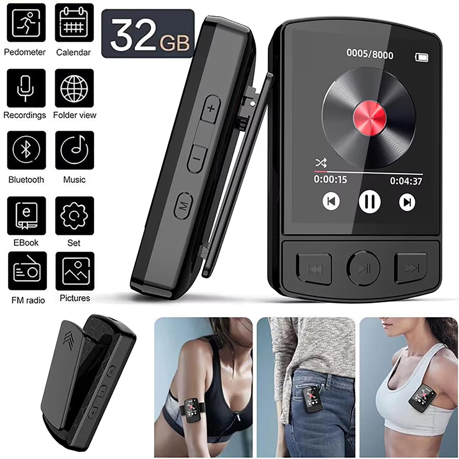 Reproductor MP3 de 32 GB con conexión inalámbrica, sonido Hi-Fi sin pérdidas, pantalla de 1,8" | Entretenimiento todo en uno (radio FM, grabación y eBook) | Batería de larga duración, clip deportivo