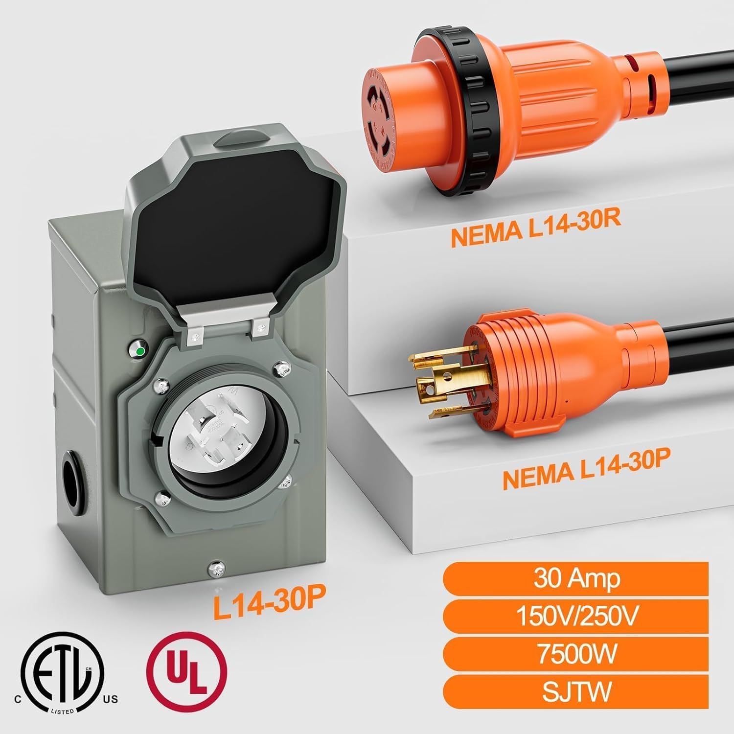 30 Amp Generator Cord and Pre-Drilled Outlet Box Kit, 25ft Generator Cable Extension 50A 4 Prong NEMA L14-30P to L14-30R with Twist Lock, Waterproof STW Wire for RV Camper & House, ETL Listed