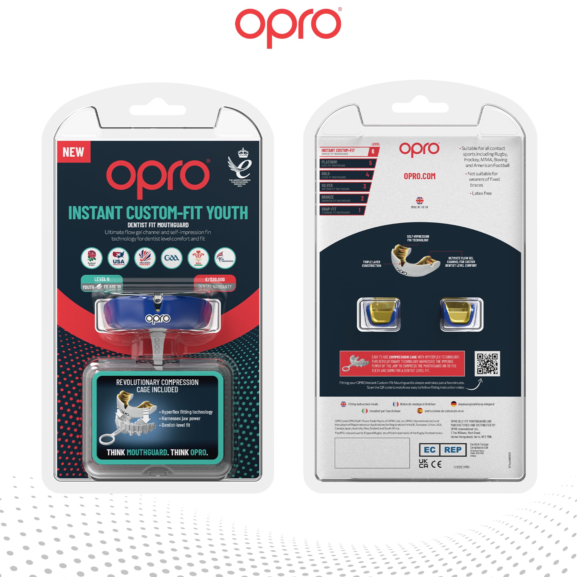 Opro Nowy błyskawiczny ochraniacz na usta, ochraniacz na usta dentysty z rewolucyjną technologią dopasowania zapewniającą najwyższy komfort, osłona gumy do rugby, boksu, hokeja, MMA (ciemnoniebieski/złoty, młodzież)