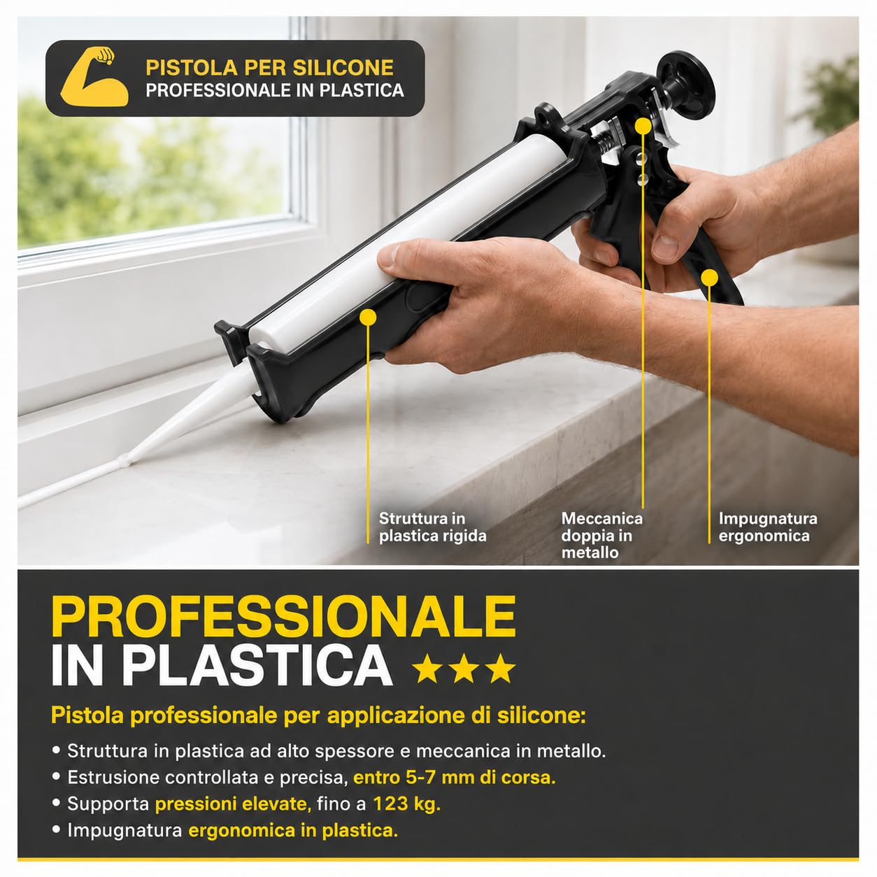 Boldrini Pistola per Silicone Anti-Goccia, per Cartucce Silicone, Acrilico e Sigillanti, Struttura Leggera in Plastica Alto Spessore, Meccanica in Metallo, Pressione fino a 123 kg