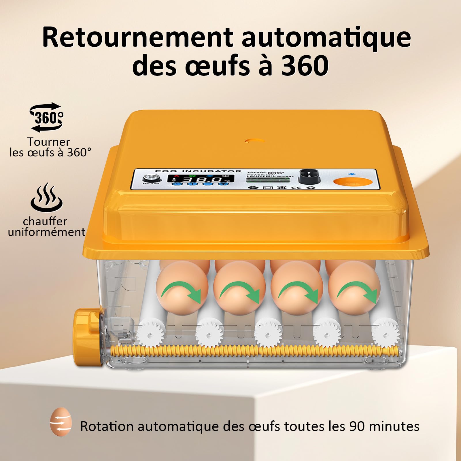 Couveuse Oeuf Automatique avec Contrôle de Température Retournement Automatique pour 16 Oeufs, Incubateur Oeuf rouleaux réglables et ajout automatique d'eau, Couveuse Mire Oeufs Intégré