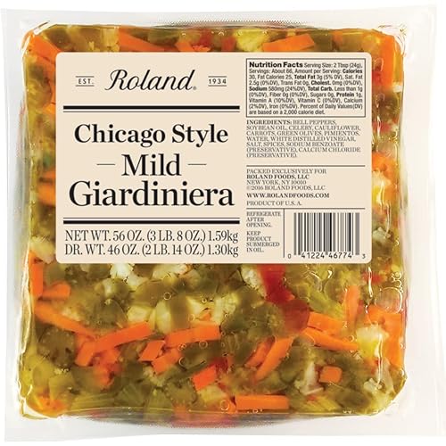 Roland Foods Chicago Style Mild Giardiniera, condimento de pimienta italiana, procedente de los Estados Unidos, bolsa de 56 onzas